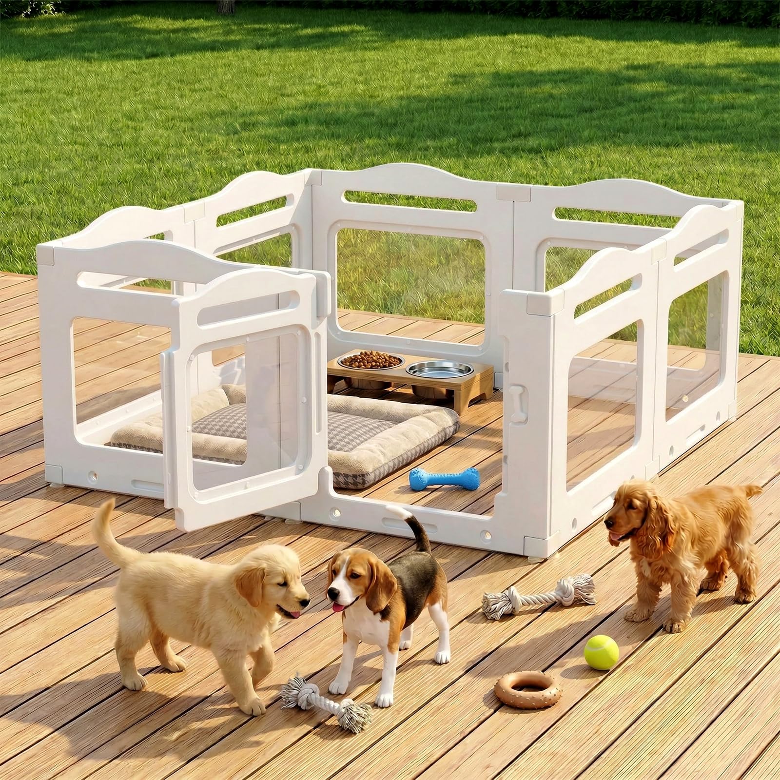 MAMIZO Recinto per Cani Acrilico 129 × 129 × 60 cm, Box per Cuccioli | Box per il Parto Cani con Porta a Chiusura e Ventose, 8 PCS Pannelli Parco per Cani adatto Appartamento, Bianco