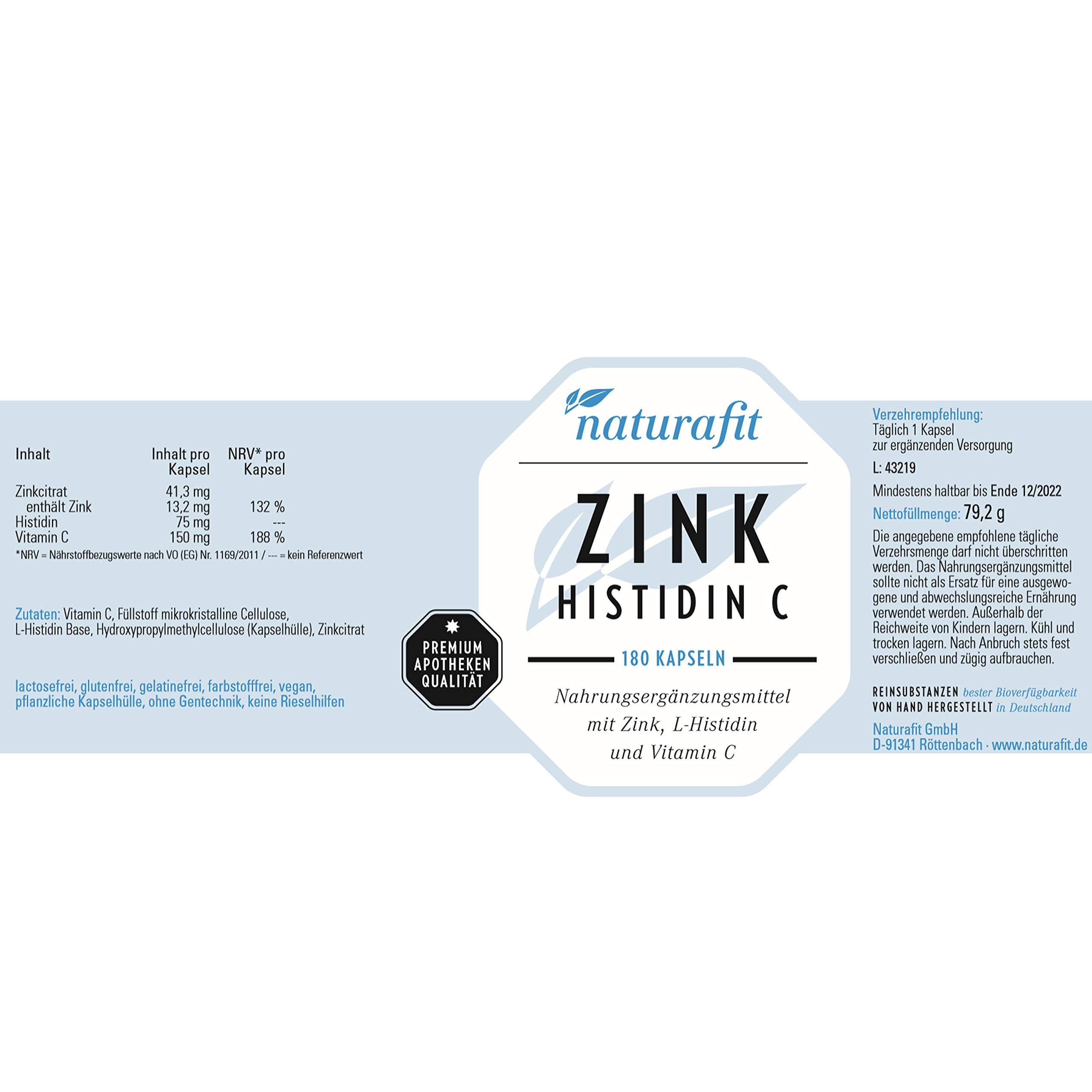 naturafit Zink Histidin C Kapseln, 180 St. Kapseln