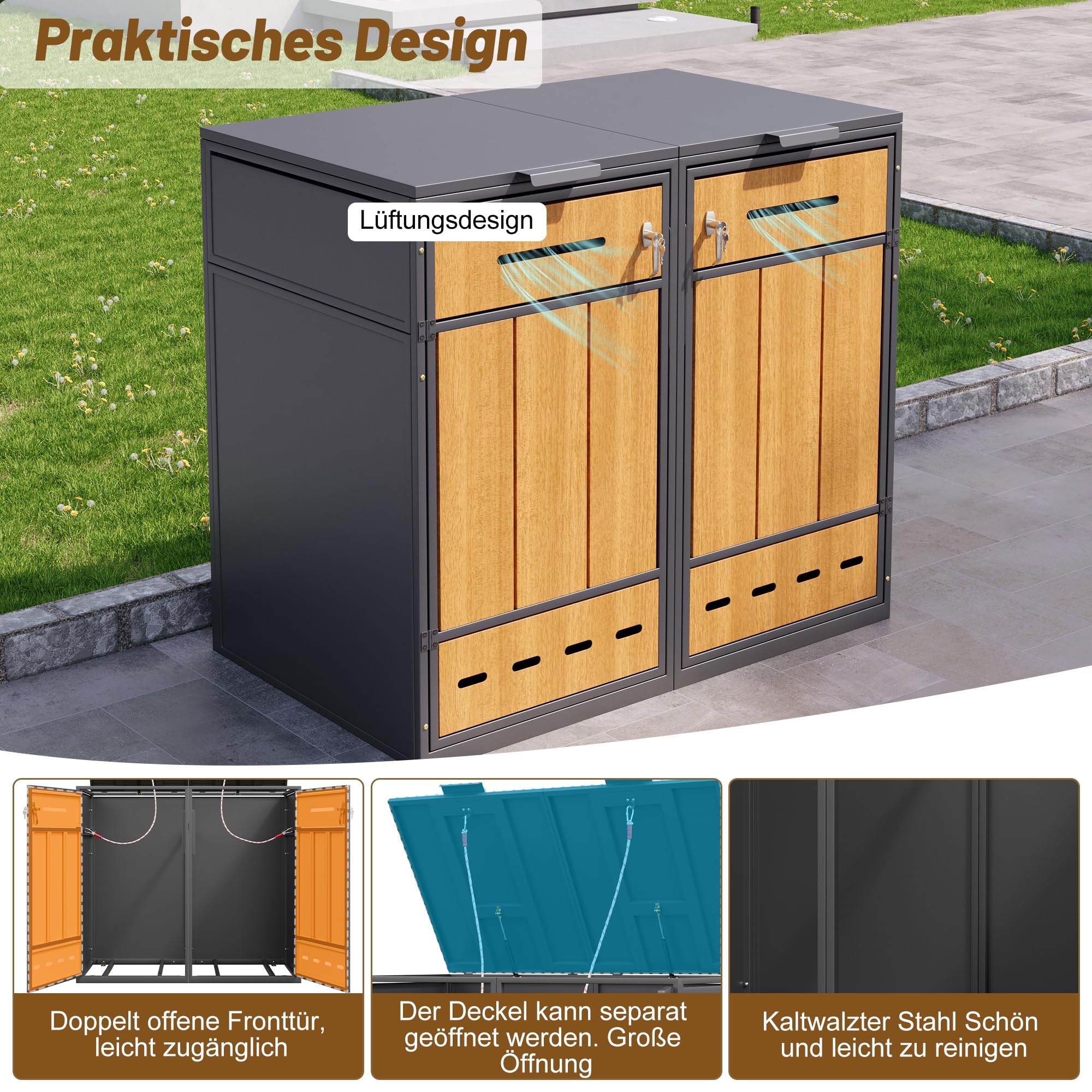 Caja para contenedores de basura, puede contener dos contenedores de basura (120-240 litros), con orificios de ventilación, compartimentos de almacenamiento de basura, con cerradura, dos puertas (1)