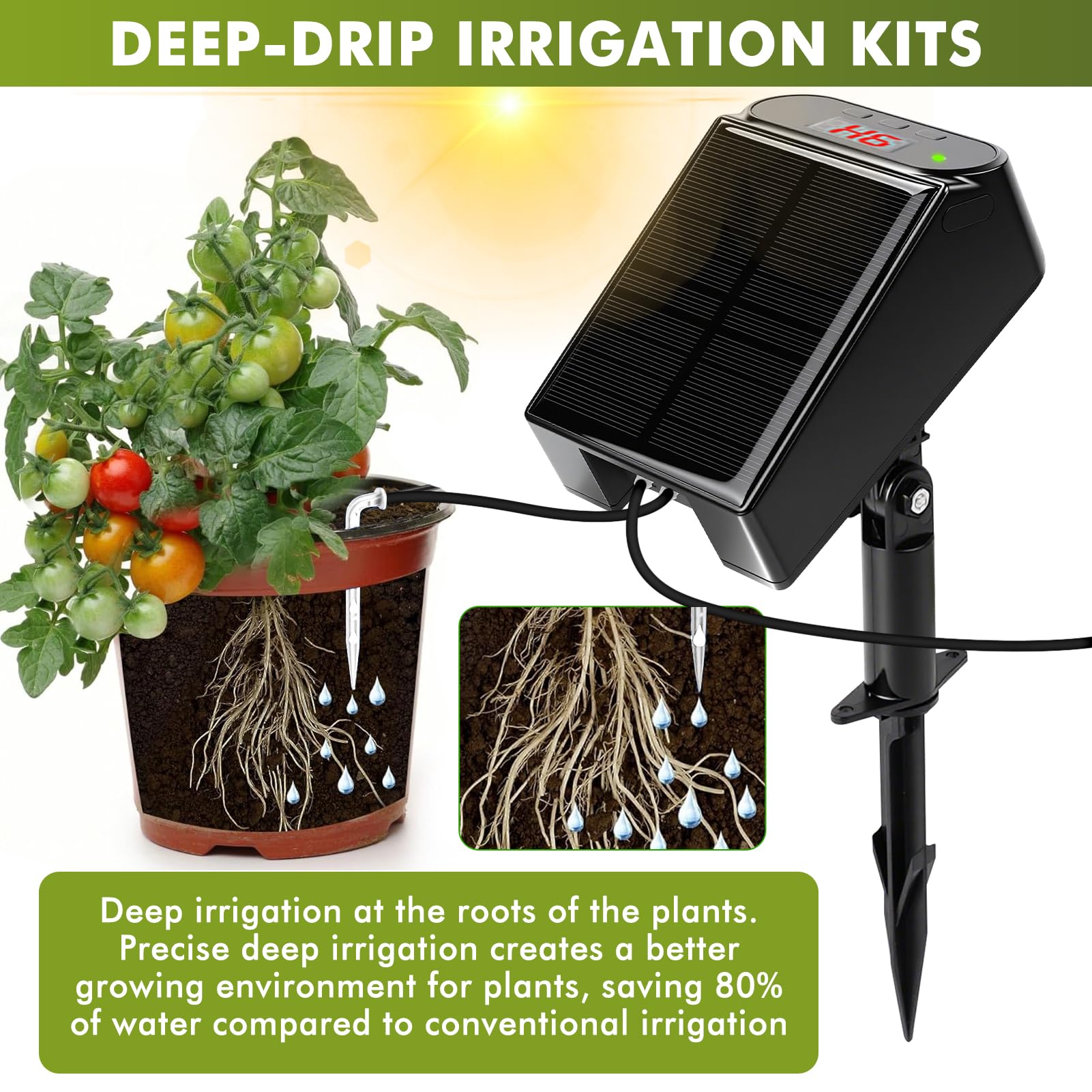 Nikou Solar Bewässerungssystem, Automatische Garten Tröpfchenbewässerung mit Timer, Wassersensor und 15M Schlauch, Selbstbewässerungsgeräte für Garten, Pflanzen, Kübelpflanzen im Freien