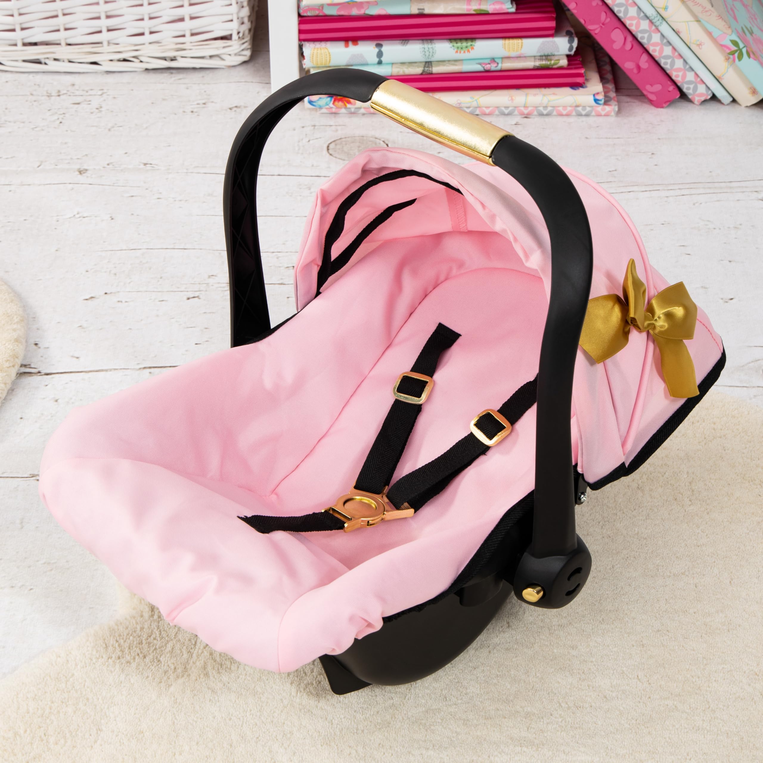 Bayer Design 67990AA Puppen-Autositz EasyGo, Puppenzubeh?r, passend zu Vario-Puppenwagen, mit Abdeckung, rosa, Gold mit Schleife, 46 cm