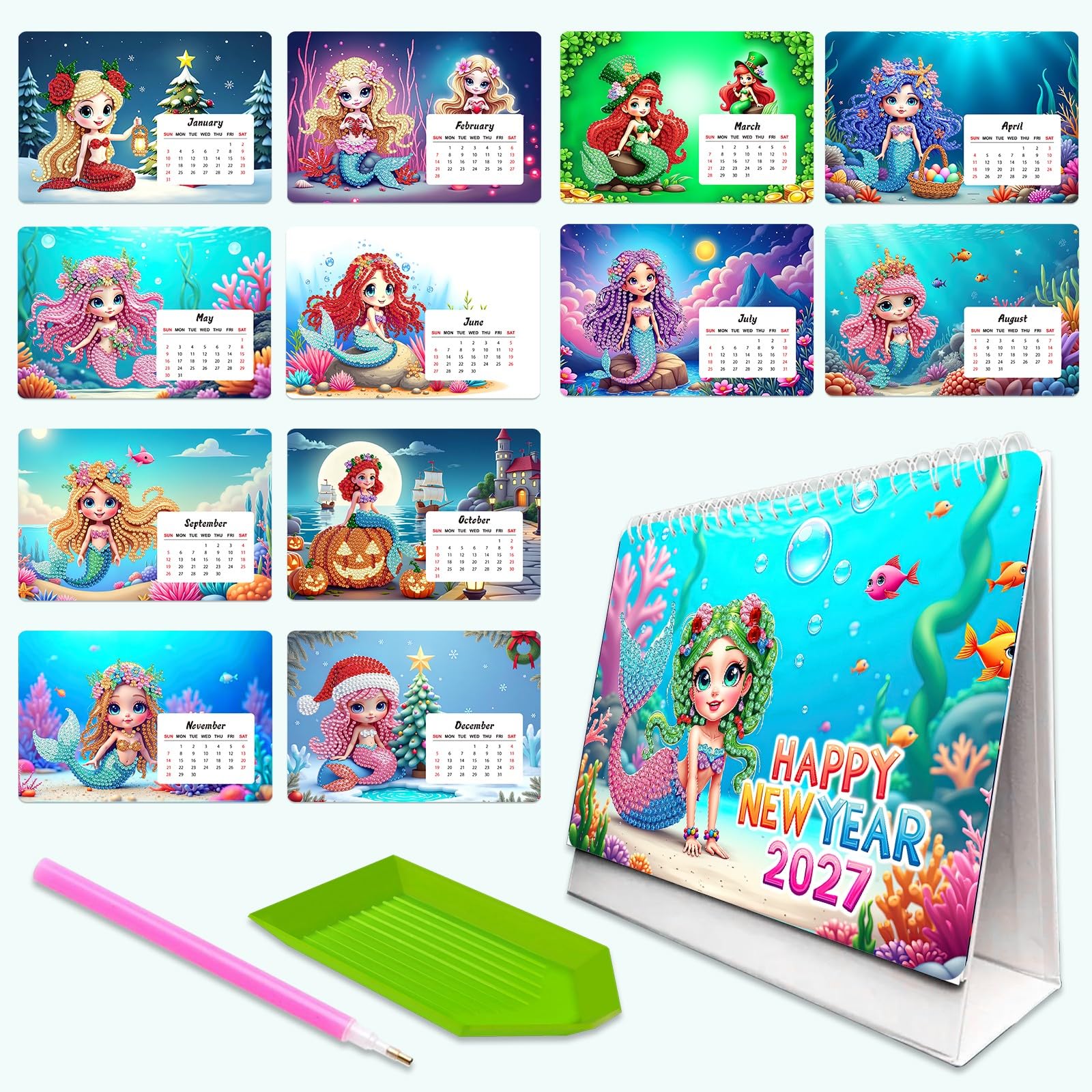 Lebartm 2027 DIY Diamond Art Desk Calendar Creative Design Thick Paper Calendar Ornaments Diamond Art Painting Monthly Flip Tabletop Calendar for Office Home Planning-Mermaid