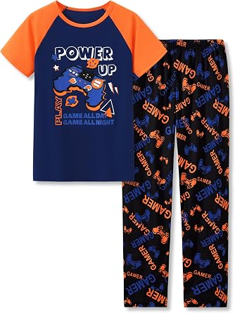 Beezizac Big Boys Pajamas Teal & Navy Face 2-Piece Fun Short Sleeve & Pants PJ Set Kid Cozy Sleepwear Size 6-18