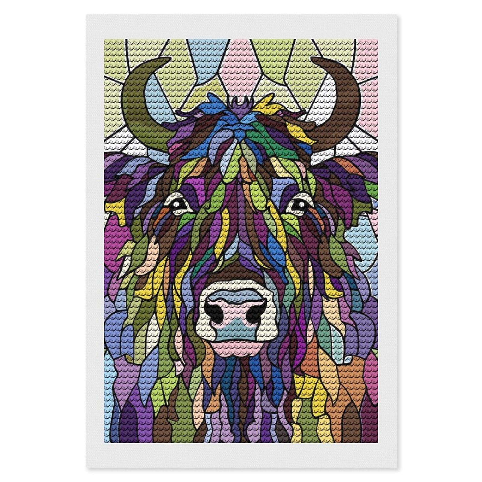 Junmoney Colorful Highland Cow Stained Glass Diamond Painting Kit 8"x12", Adhesive Canvas, Home Wall Decor, for Beginners, Birthday Gift, Full Kit Included