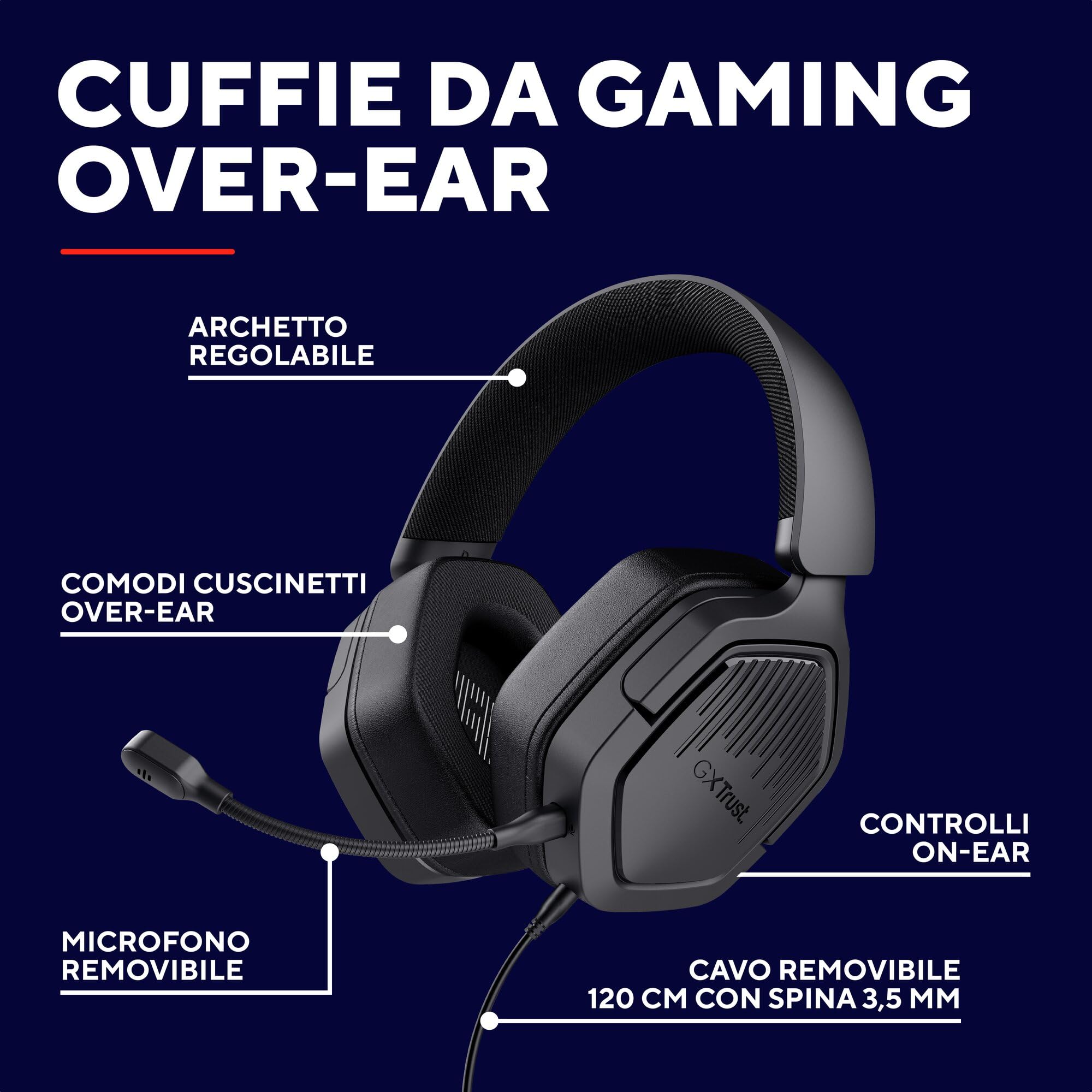 GXTrust 1492 Ravox Cuffie Gaming per PS5 PS4 Switch PC Xbox Mobile, Jack 3.5 mm, Driver da 50 mm, Archetto Imbottito, Cuffie Over Ear con Filo e Microfono Removibile, Nero