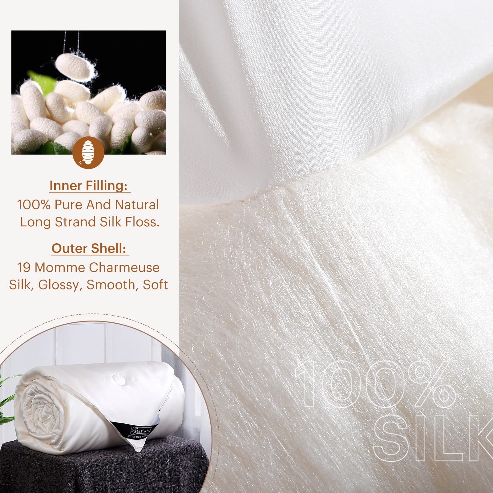 LilySilk All Season 100% Silk Comforter with Silk Shell Duvet Blanket, King(104x92 Inch, Net Weight:2.0kg)