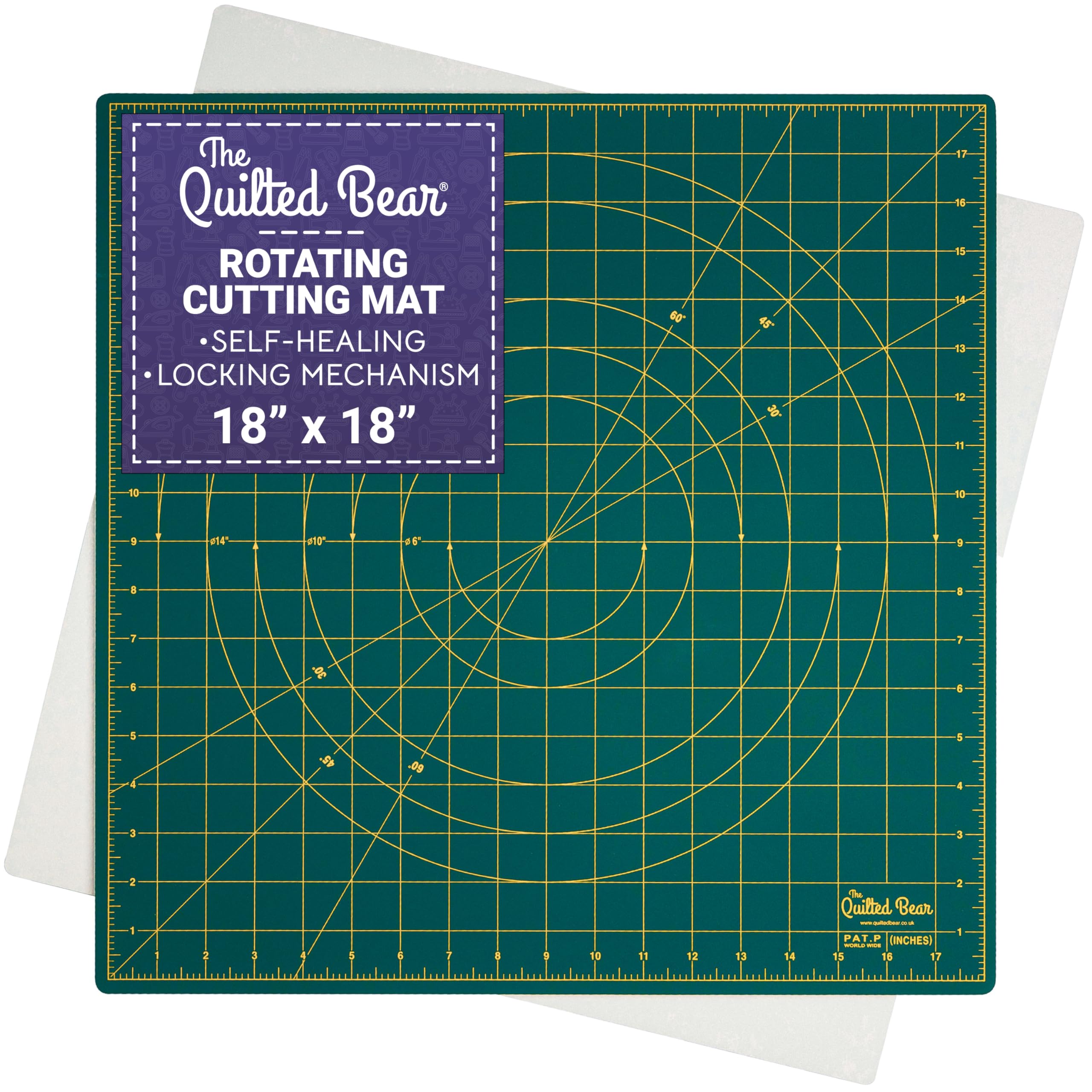 The Quilted Bear Rotating Cutting Mat 18" x 18" - Square Self Healing Rotating Craft Cutting Mat with Innovative Locking Mechanism for Quilting & Sewing (Green)