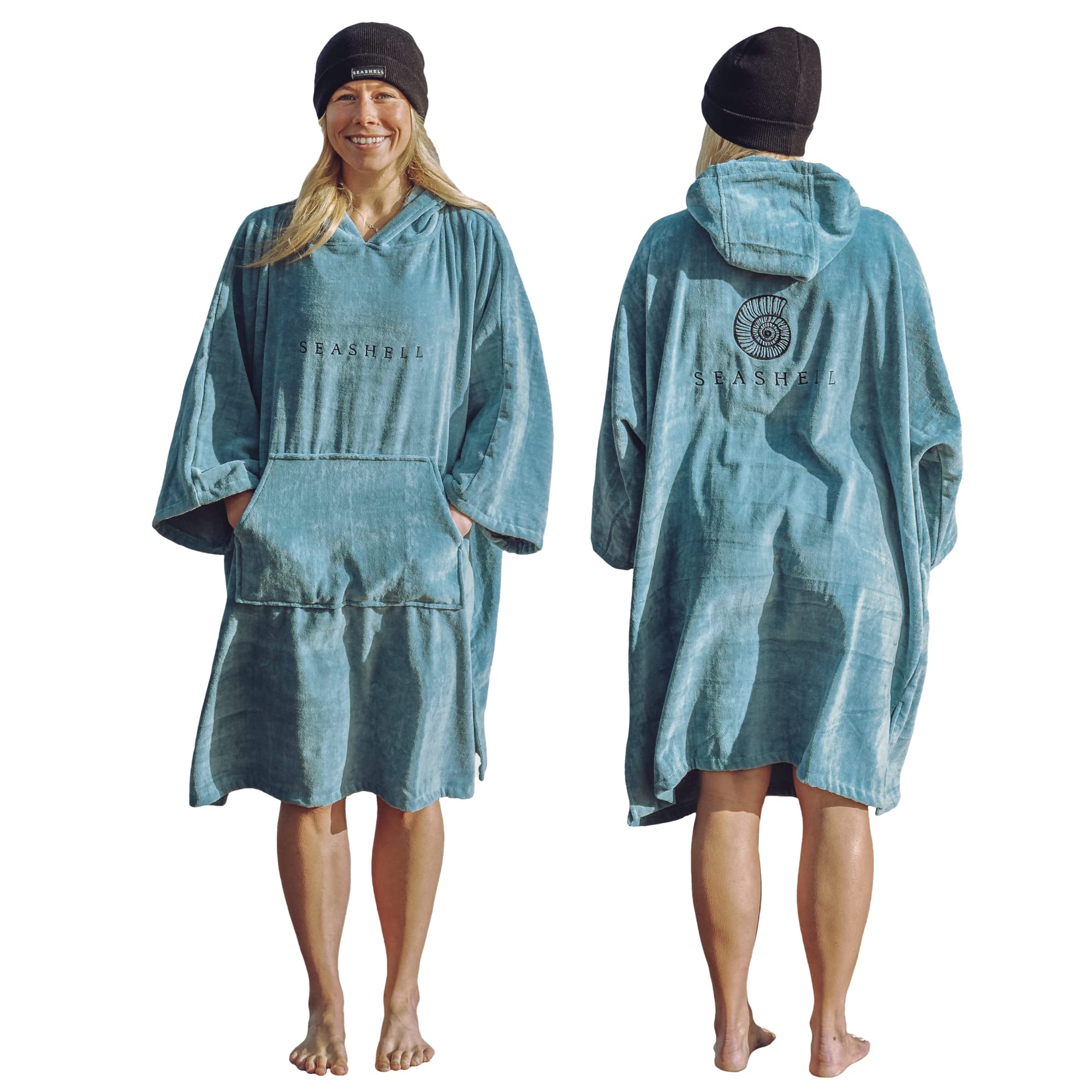 SEASHELL Adult Towelling Changing Robe – Hooded Poncho Towel in Organic Cotton (340gsm) – Quick-Dry, Super Absorbent, Mid Sleeve – For Swimming, Surfing, Beach, Wild Swimming, Water Sports