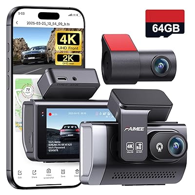 4K+2K Dash Cam Front and Rear, Dash Camera for Cars 2 Channel, 64GB Card Included, 5.8G/2.4G Dual WiFi, Built-in GPS, Night Vision, WDR, 170°Wide Angle, G-Sensor Emergency Lock, 24H Parking Monitor