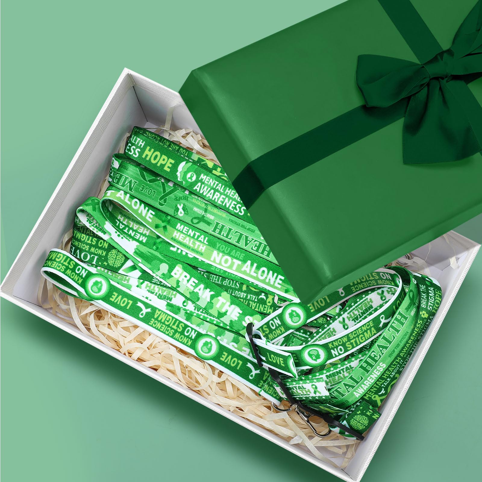 Ecally 60 Pcs Mental Health Awareness Lanyard Keychains and Adjustable Bracelets Gifts Bulk Green Ribbon Key Rings and Bracelets for Mental Health Month Party Supplies - Image 7