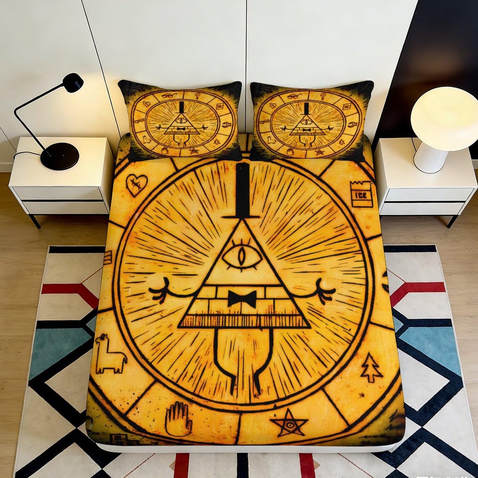 3D Printed Illuminati Pyramid Fitted Sheet Microfiber Soft Golden Symbol Bed Cover for Bedroom Guest Room Decor 90x200x25cm