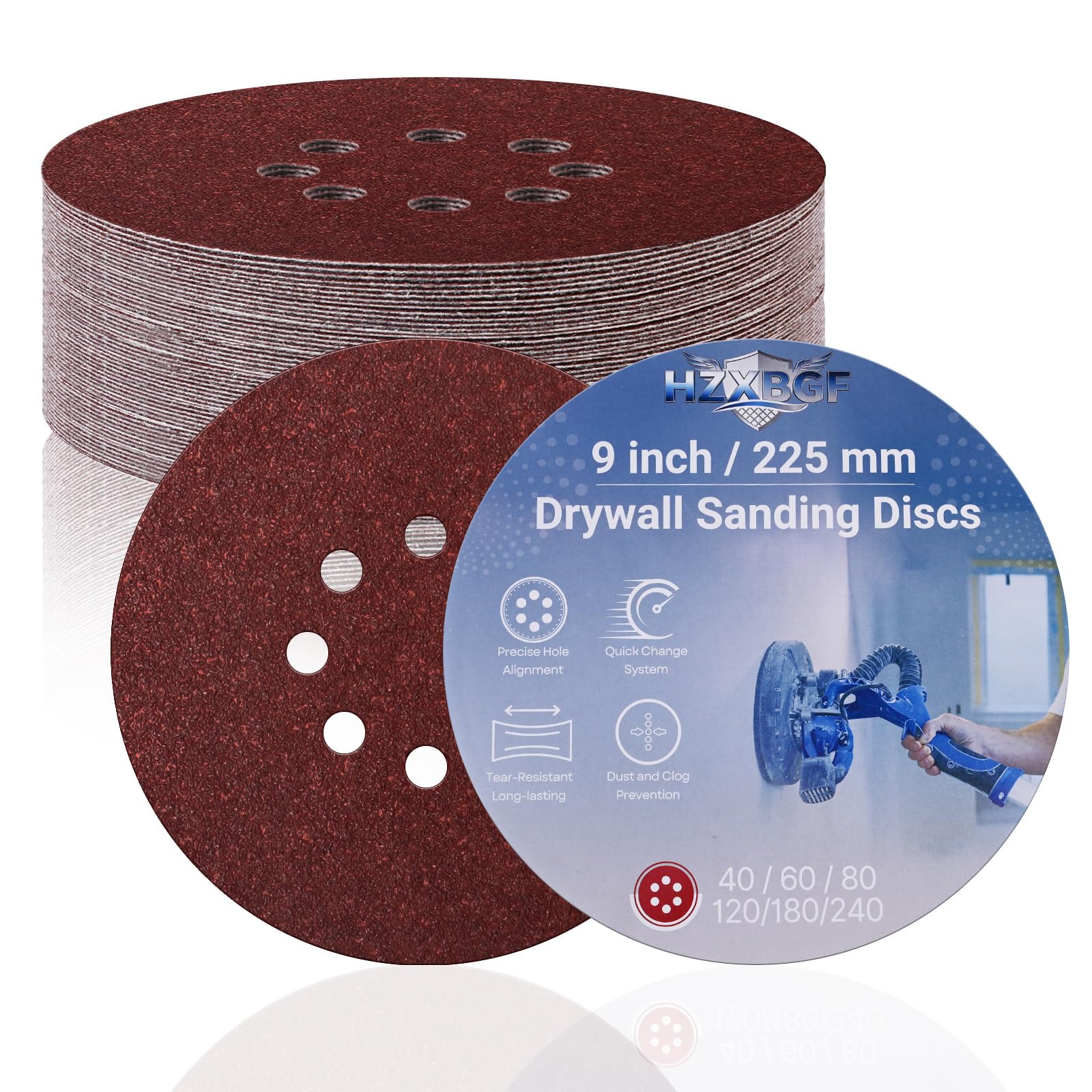 15 PCS 225mm 8 Hole Sanding Discs, 60 Grit Hook and Loop Round Sandpaper