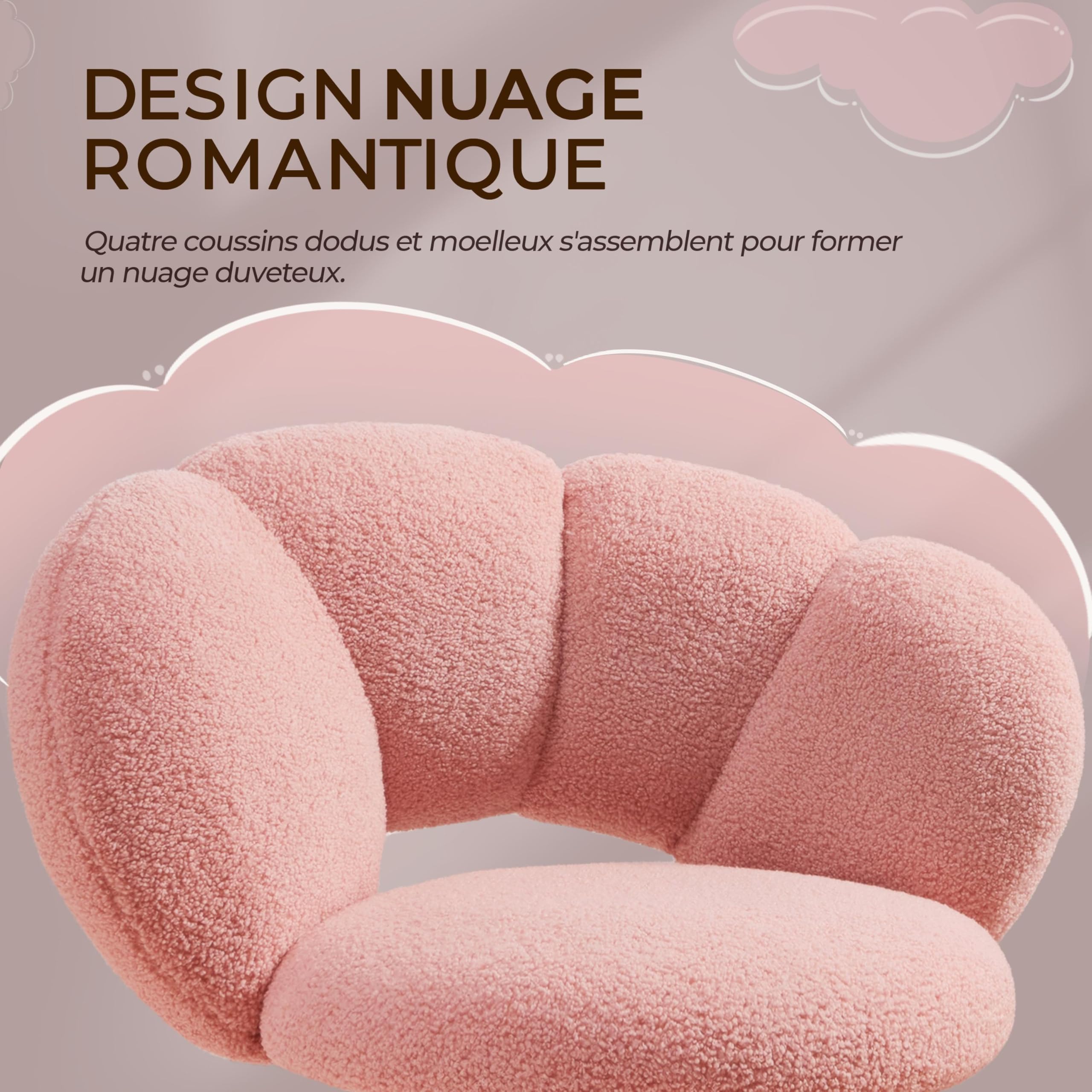 Yaheetech Poltrona da ufficio, sedia girevole ergonomica, schienale comfort in nuvola, regolabile in altezza, carico 136 kg, per soggiorno, camera da letto, ufficio, rosa/ricci