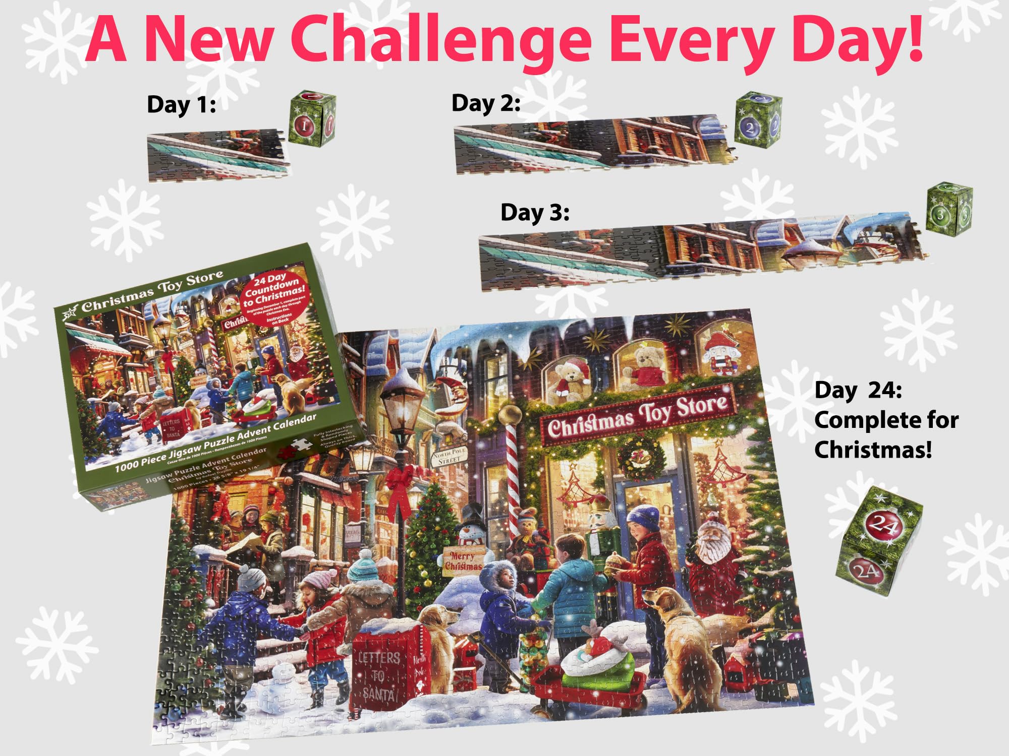 Christmas Toy Store Jigsaw Puzzle Advent Calendar 1000 Pieces by Vermont Christmas Company, 24 Puzzle Sections to Complete - Image 3