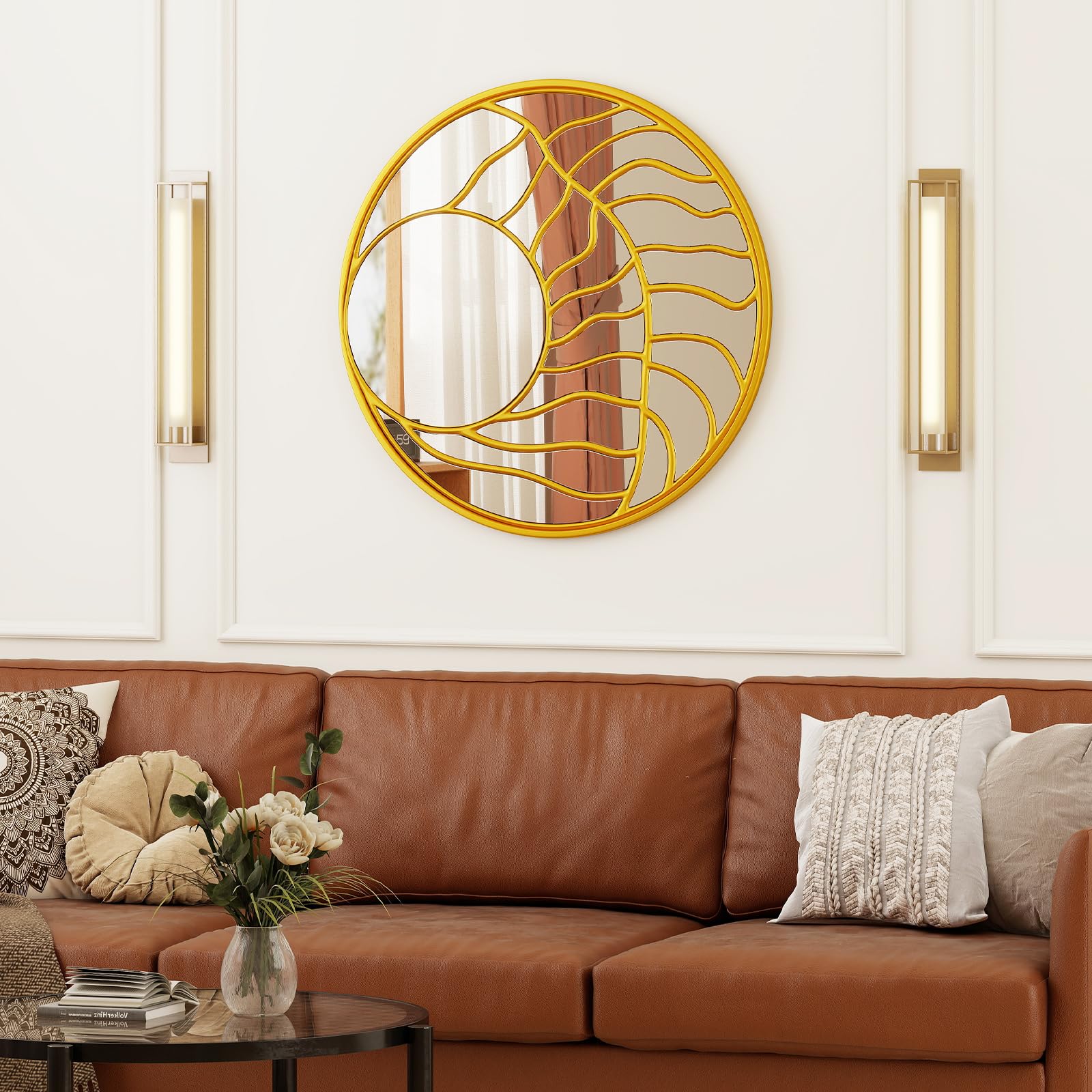 LIFEZEAL Specchio da Parete Rotondo, 80cm, Specchio Decorativo con Cornice Dorata, per Ingresso, Salotto, Camera da Letto, Bagno, Moderno, Appendere a Muro, Alta Definizione, Sicuro, Mirror