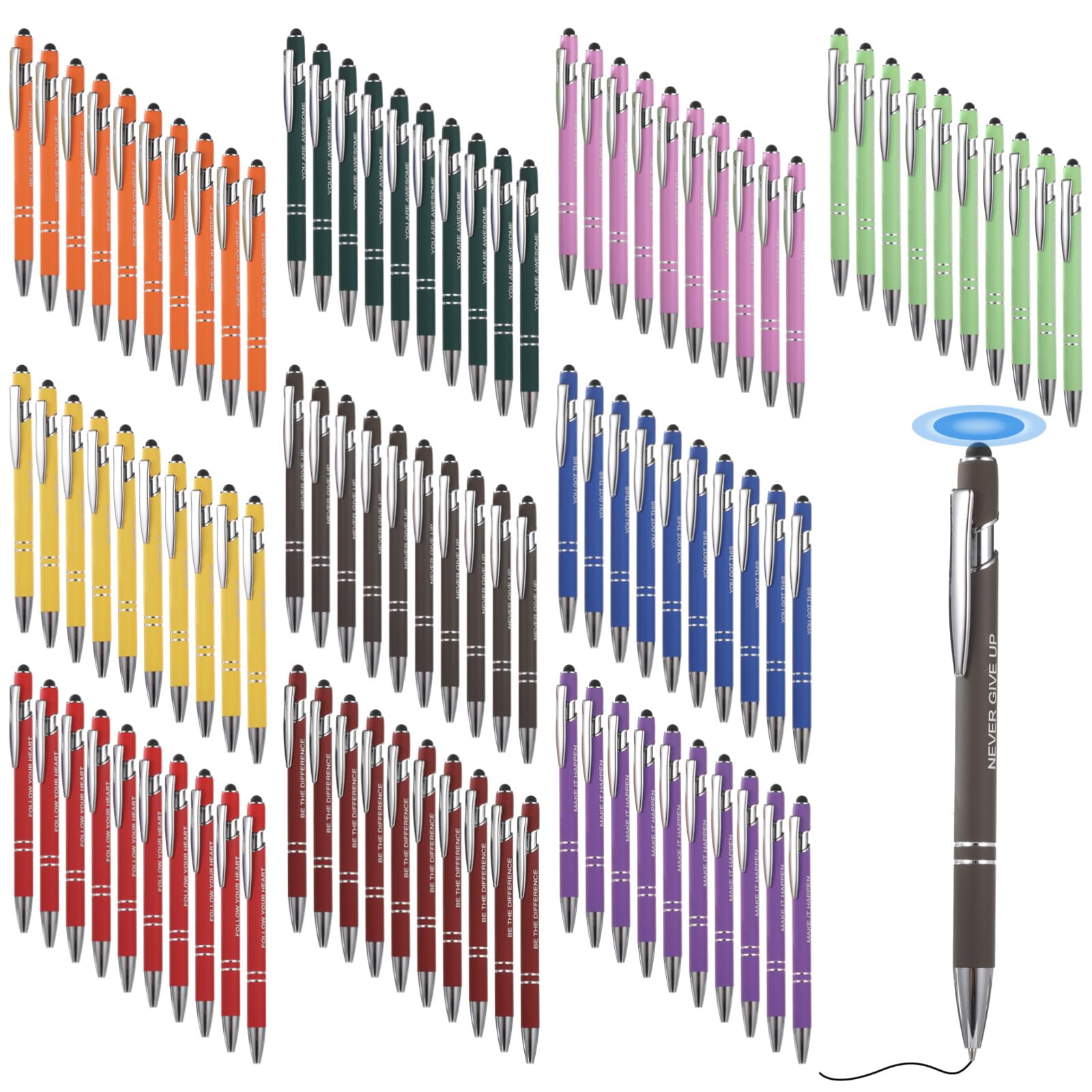 Generisch 100 Stk. Kugelschreiber mit Stylus-Spitze, 10 Farben, mit motivierenden Sprüchen, schwarze Tinte, für Frauen, Männer, Studenten und Kollegen, Geschenk für Mitarbeiter
