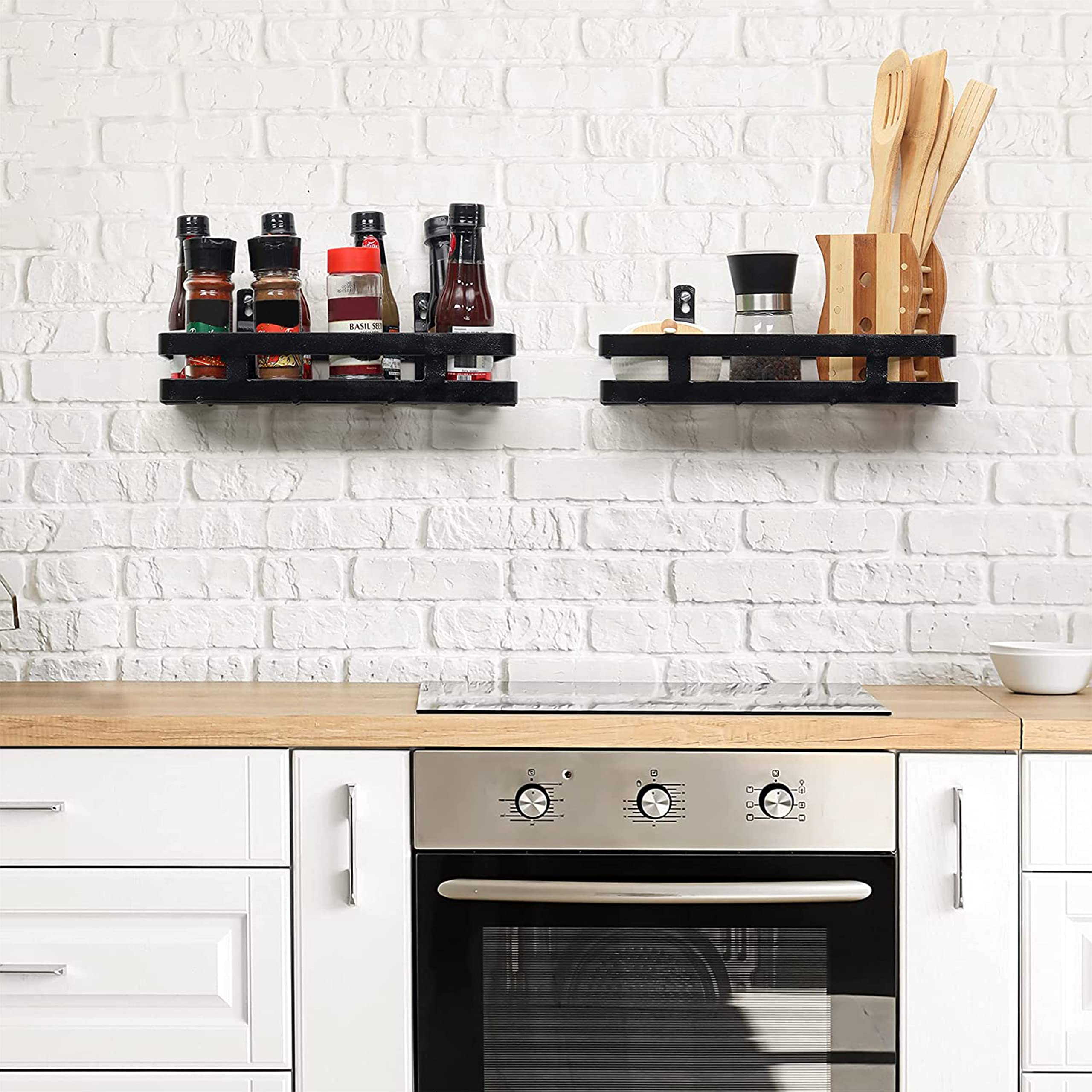 Livzing 2 Pcs Wall Mount Organizer - Hanging Spice Rack - Cabinet Storage - Space Saving Floating Shelf for Kitchen Bathroom Balcony (Black, 40 Cm)