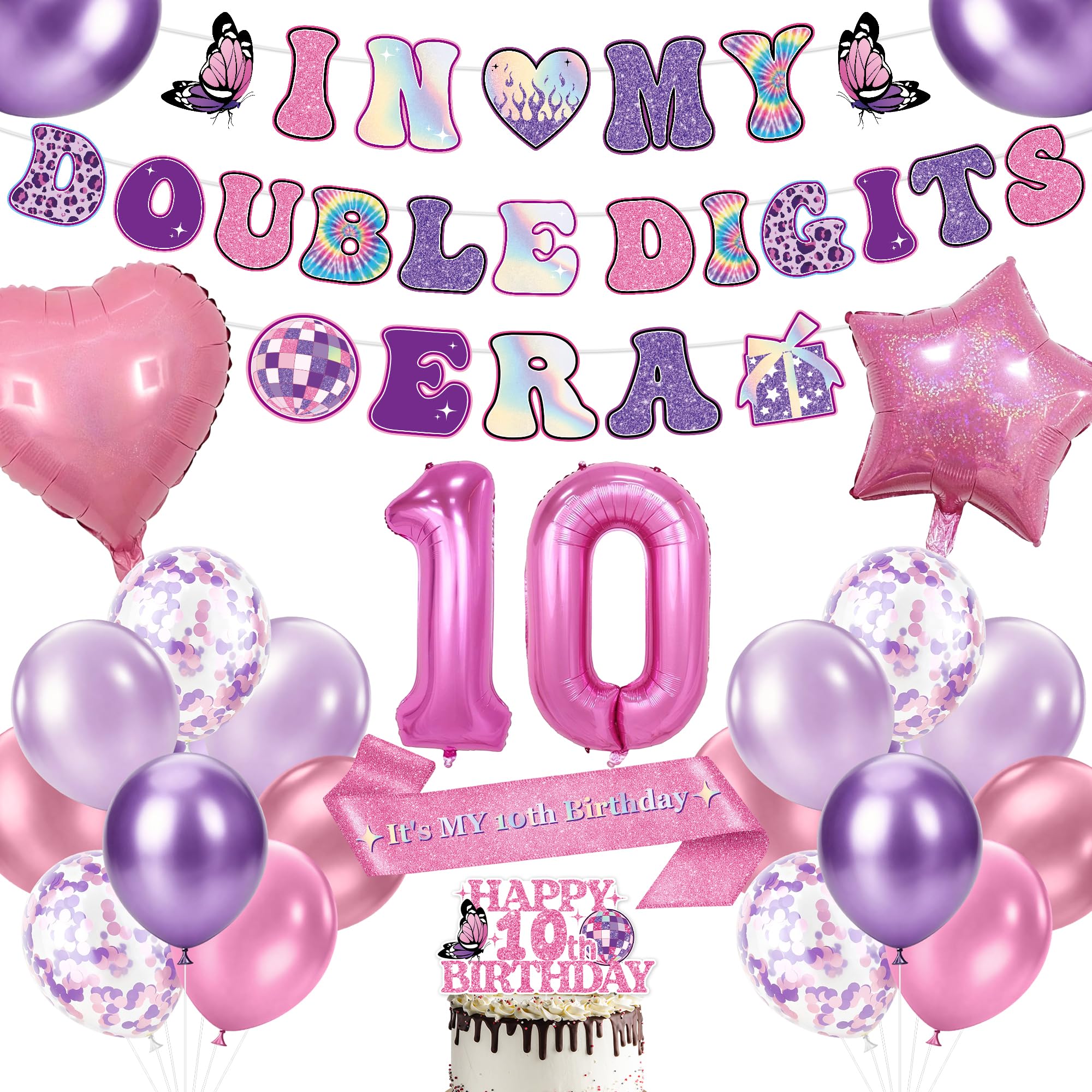 10th Birthday Decorations for Girls, Double Digits Party Decorations Pink Purple, In My Double Digits Era Banner Balloons Cake Topper Sash for Girls 10 Birthday Celebration