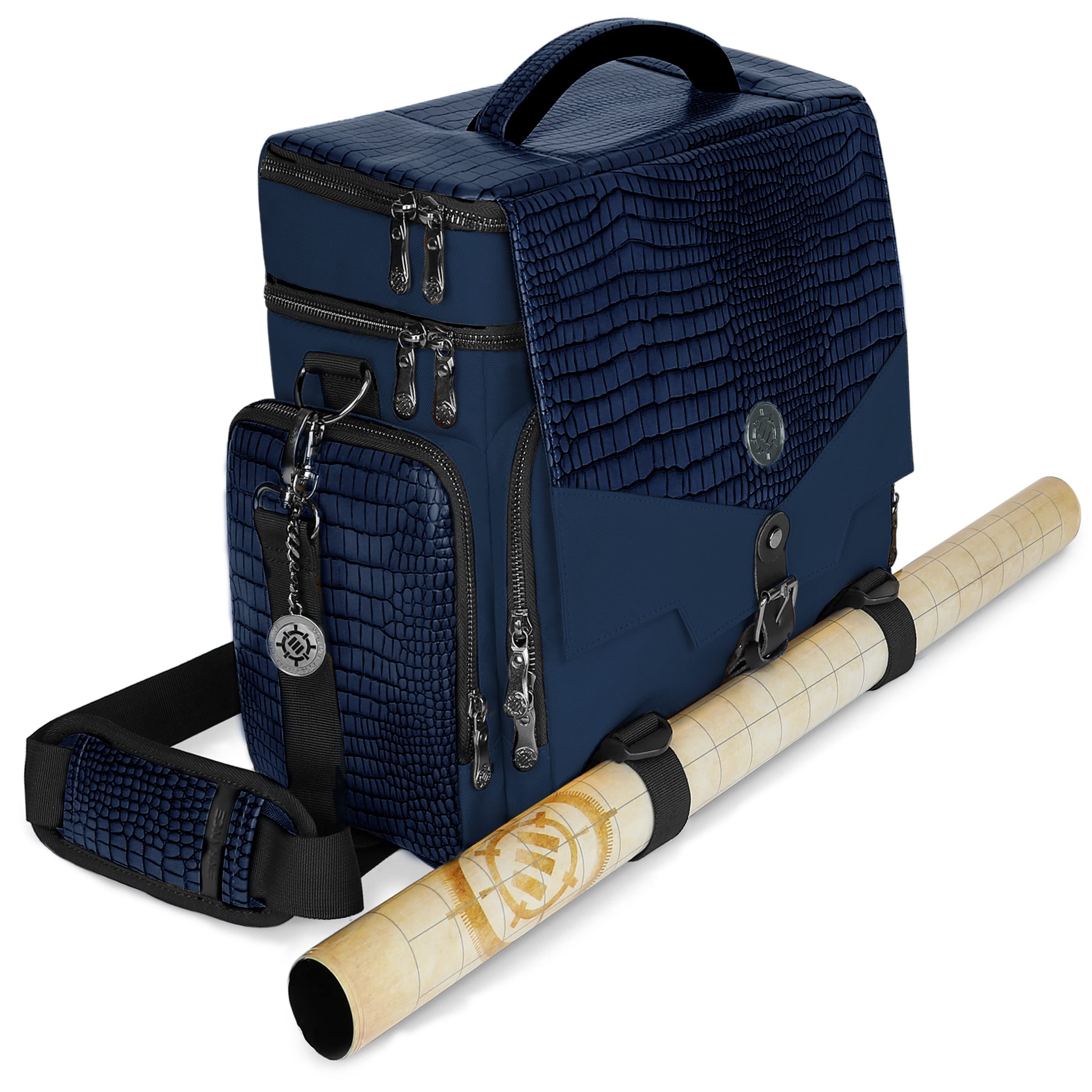 ENHANCE Collector's Edition RPG Adventurer's DND Bag - Dragon Hide Exterior Travel RPG Bag with Tabletop Miniatures Storage Vault, Mat Holder, DND Dice & Token Pockets, Fits 4-8 Books (Dragon Blue)