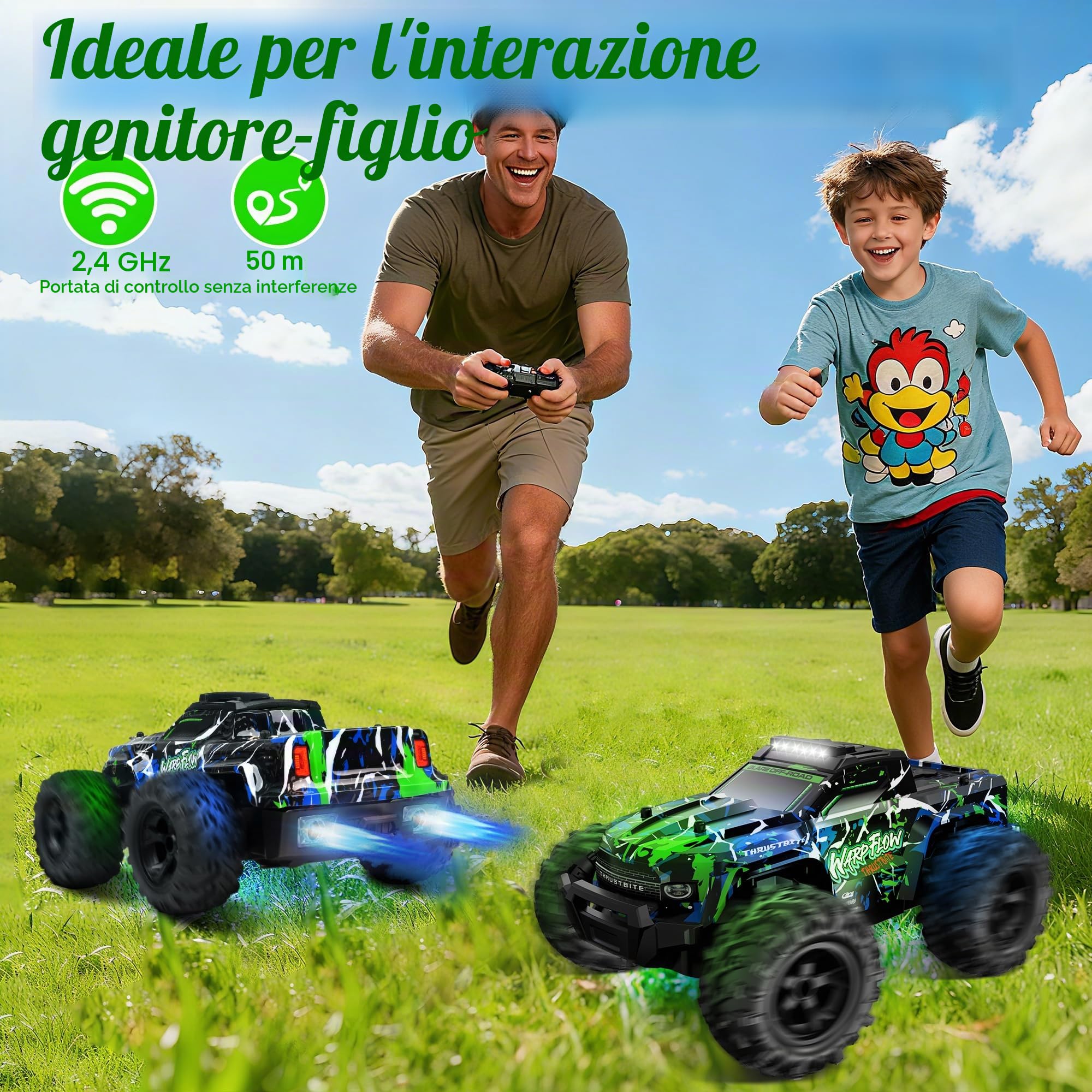 BAZADER Macchina Telecomandata Auto Telecomandate - 1:18 LED Light 25KMH Macchina Radiocomandata per Bambini con Spray 2.4GHz AllTerrain Off-Road 2 Batterie 60 Minuti Giocattolo da Corsa Veloce