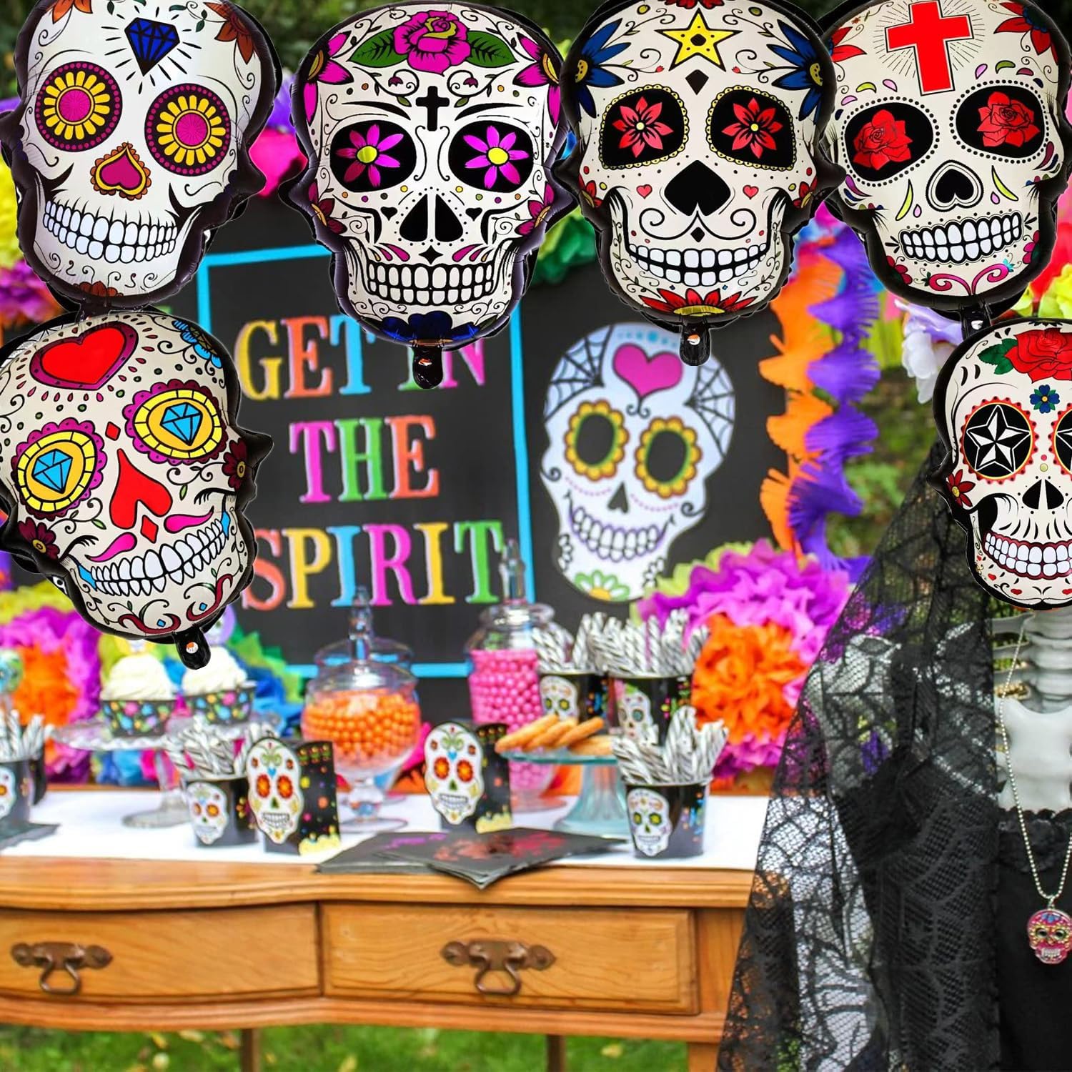 6Pcs Sugar Skull Balloons Day of The Dead Foil Balloons for Halloween Dia De Los Muertos Celebrations Birthday Baby Shower Wedding Party Decor