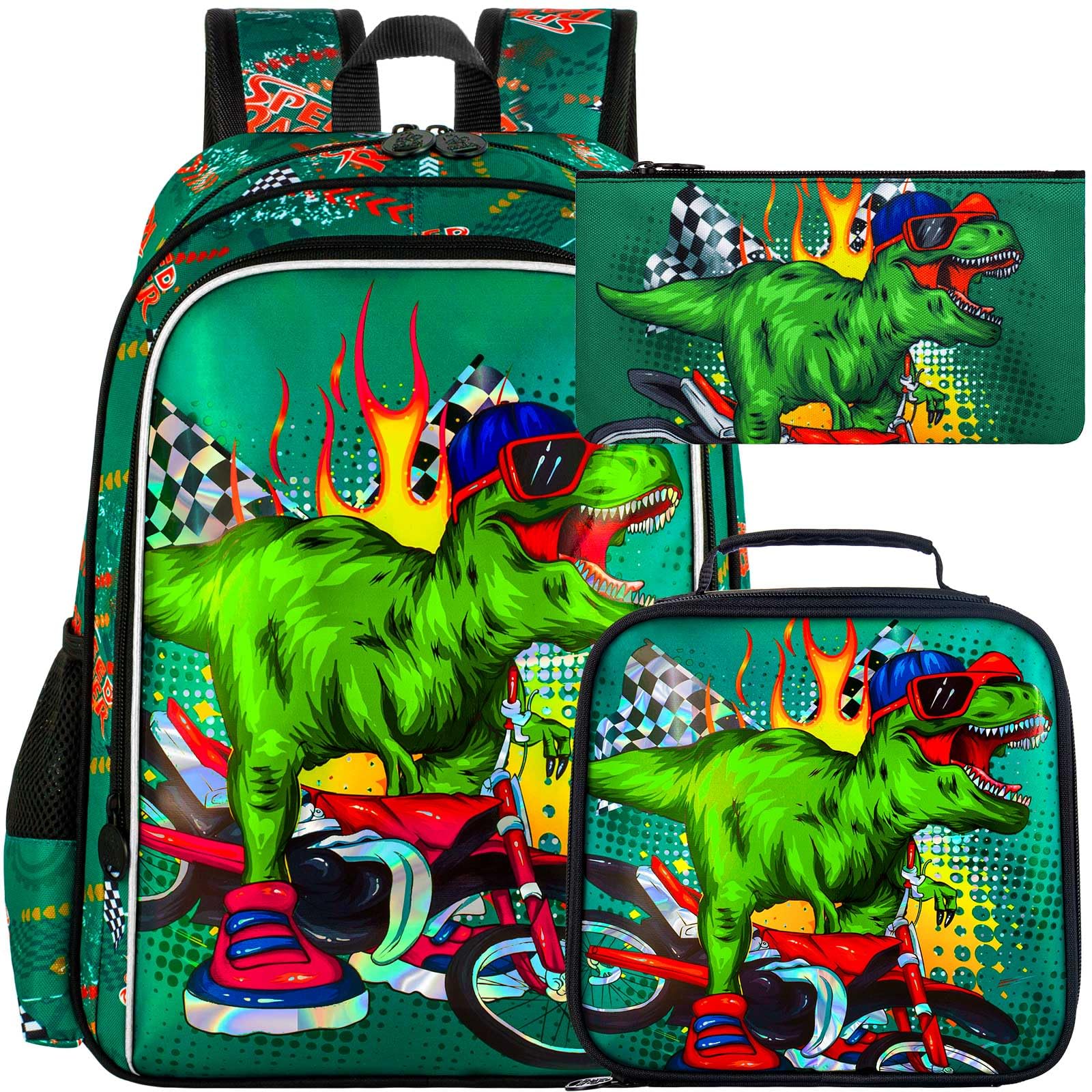 UFNDC 3PCS Boys Backpack,16”Kids Dinosaur Bookbag with Lunch Box, School Bag for Elementary Toddler