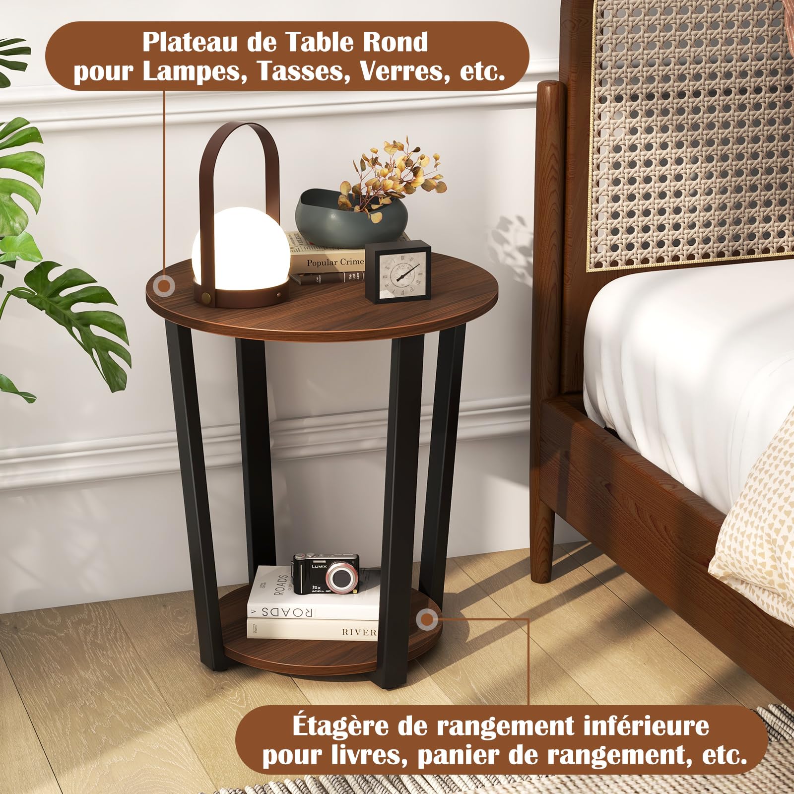 COSTWAY Table d'Appoint Ronde, Bout de Canapé 2 Niveaux en Bois, Cadre en Métal, Petite Table Basse pour Salon, Balcon, Chambre, Bureau, Industriel (Noyer)