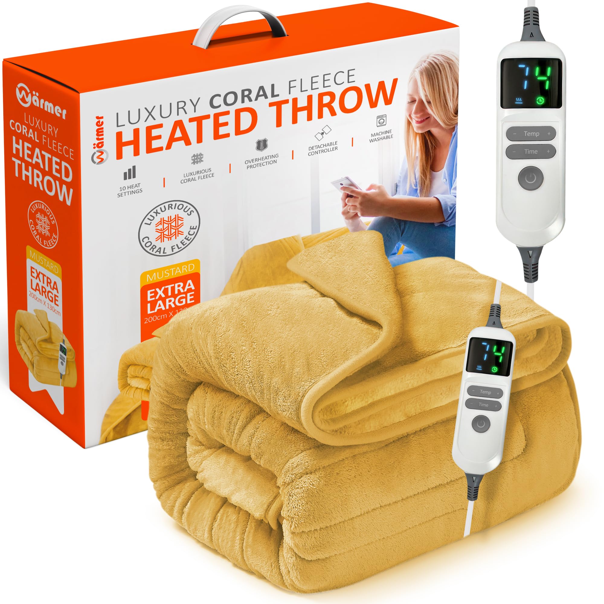 Warmer Mustard Electric Heated Throw Blanket - Digital Controller - 9 Hour Timer, 9 Heat Settings, Auto Shutoff, Detachable Controller - Machine Washable - Extra Large 200Cm X 130Cm