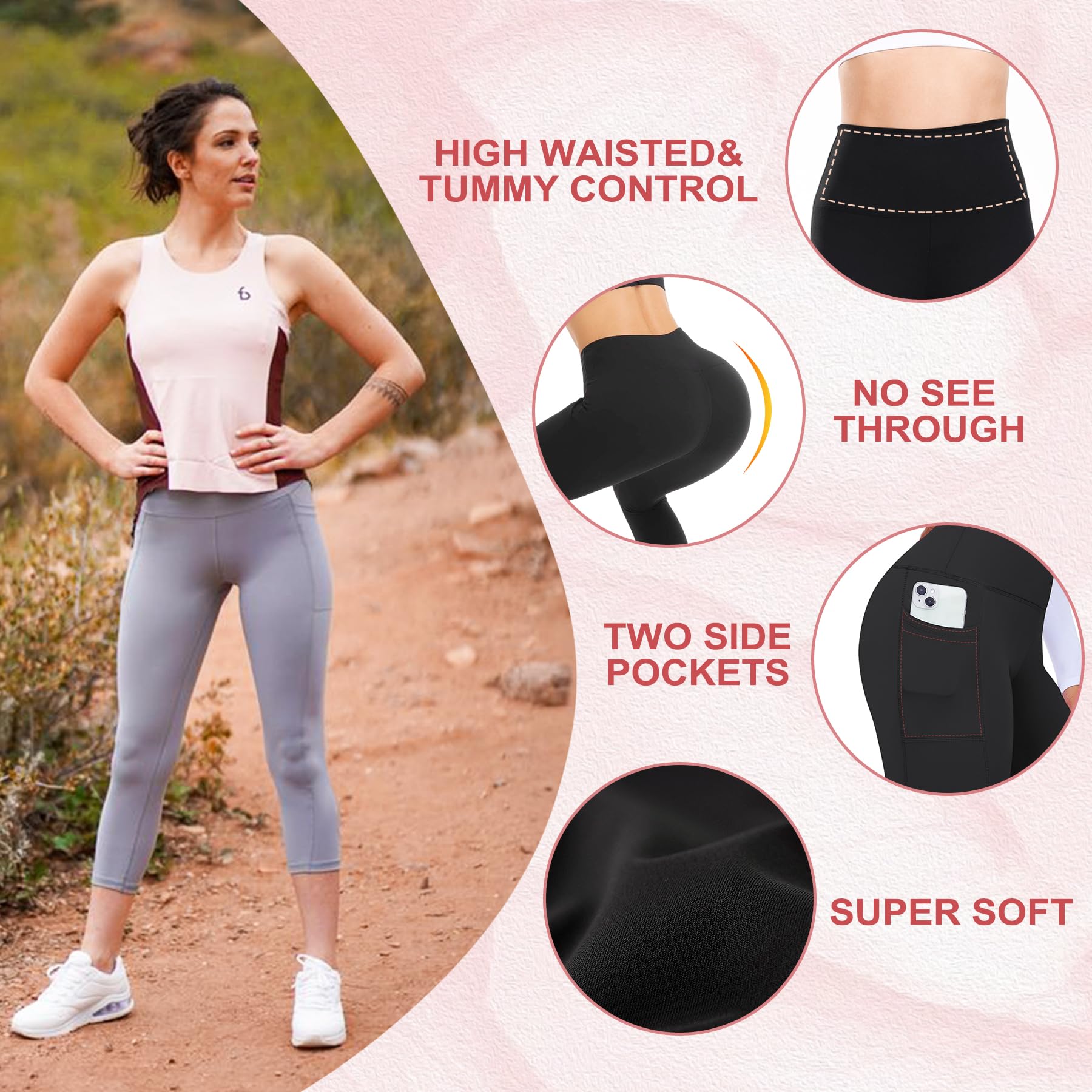 GROTEEN Leggings para mujer con bolsillos, pantalones de yoga de cintura alta con control de abdomen para correr y entrenar