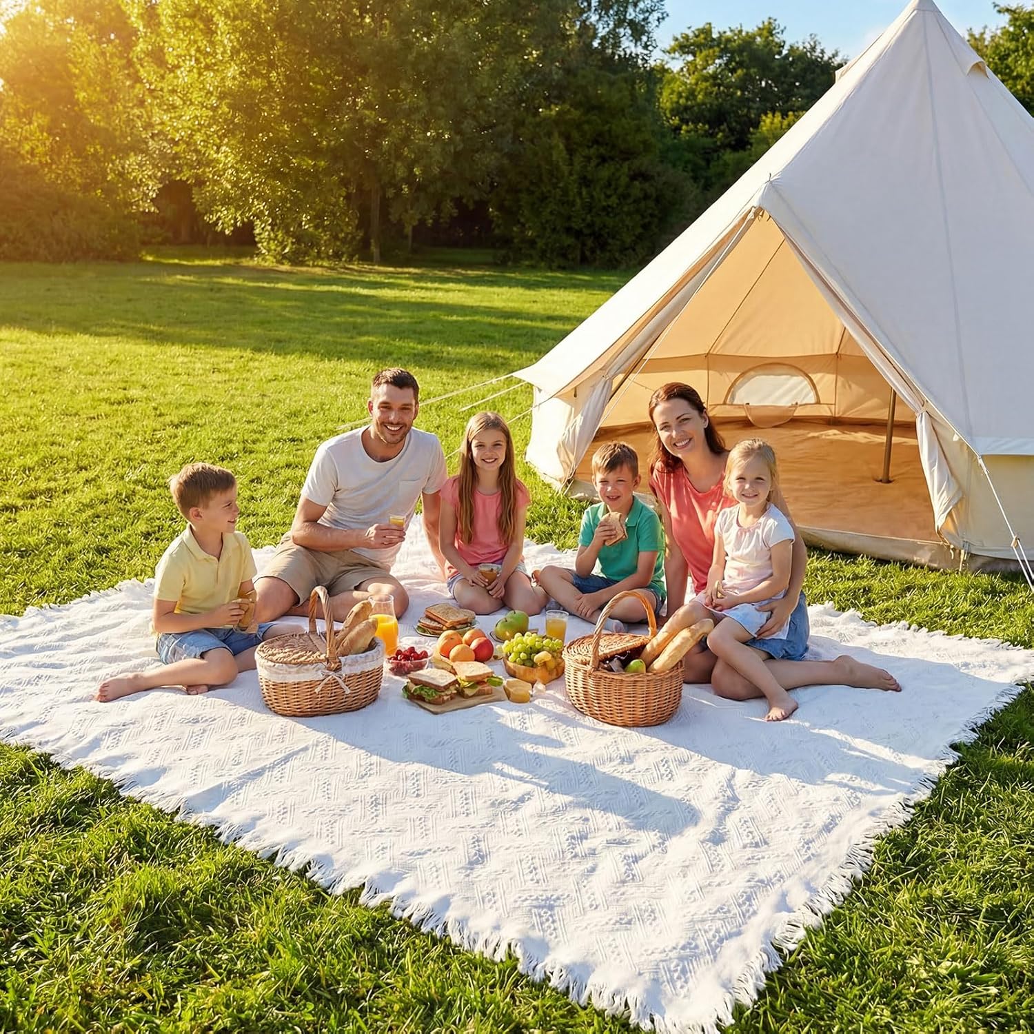 Frienda 70 x 120 Inch Extra Large White Outdoor Picnic Blanket Woven Cotton Yarn Blanket with Fringe and Leather Storage Strap Boho Decor for 8 to 12 Camping Lawn Wedding Photoshoot Beach Park Grass