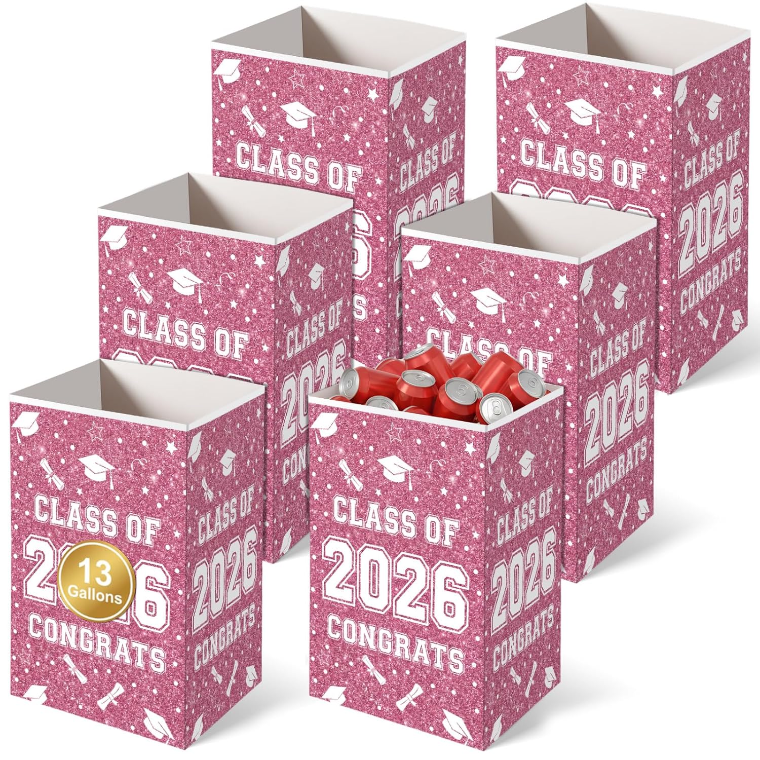 Tinlade 6 Pack 2026 Pink White Graduation Decoration 13 Gallon Disposable Trash Cans Class of 2026 Party Garbage Bins Large Waterproof Foldable Recycle Pop up Bins for Graduation Party, School