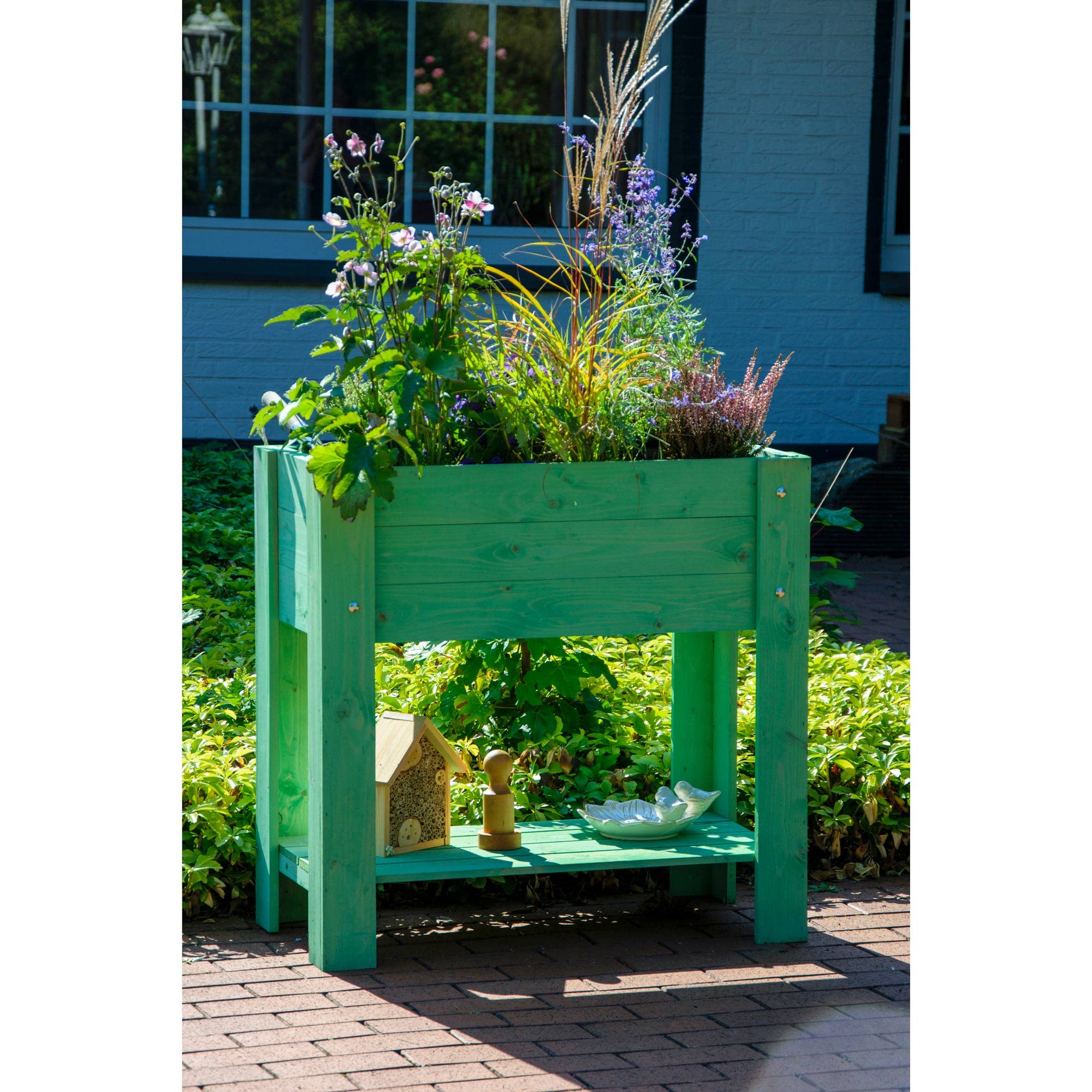 dobar 58292FSCe – Elegante bancal Alto Urban con Superficie de Almacenamiento – Bancal Elevado para Verduras con lámina – Jardinera Verde Menta para balcón, jardín y terraza