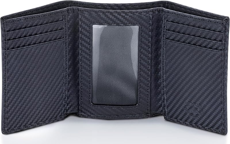Cartera de cuero triple con modo sigiloso para hombre con bloqueo RFID (carbono) | Cuero Napa de grano superior, 9 ranuras para tarjetas, ventana de identificación, caja de regalo: regalo para papá, esposo o hijo