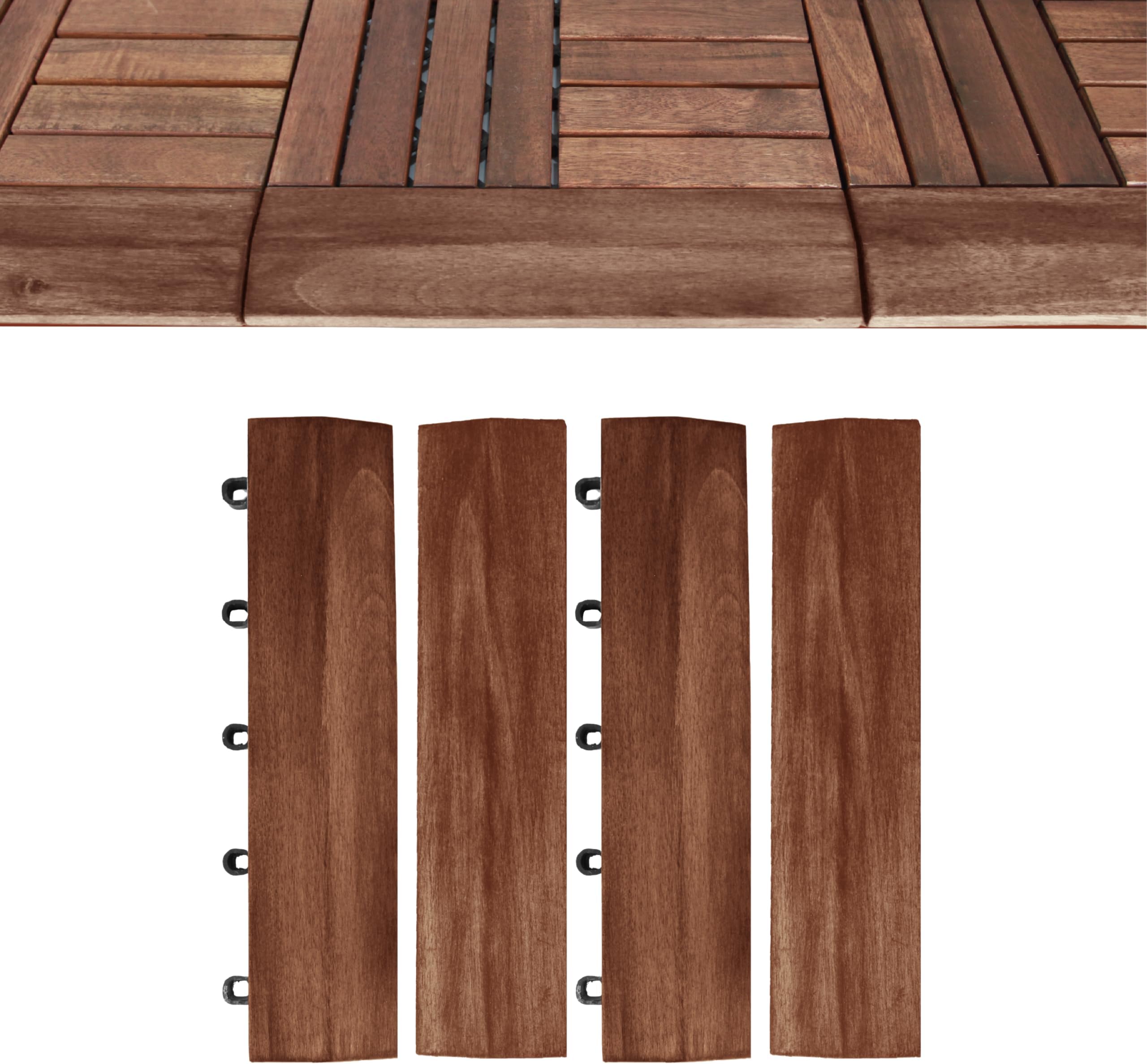 4Pcs Loop Ends Side Trim, 12 Inch Length Interlocking Deck Tile Edges, Outdoor Patio Flooring, Wooden Balcony Floor, Sturdy and Enduring Acacia Wood, Walnut