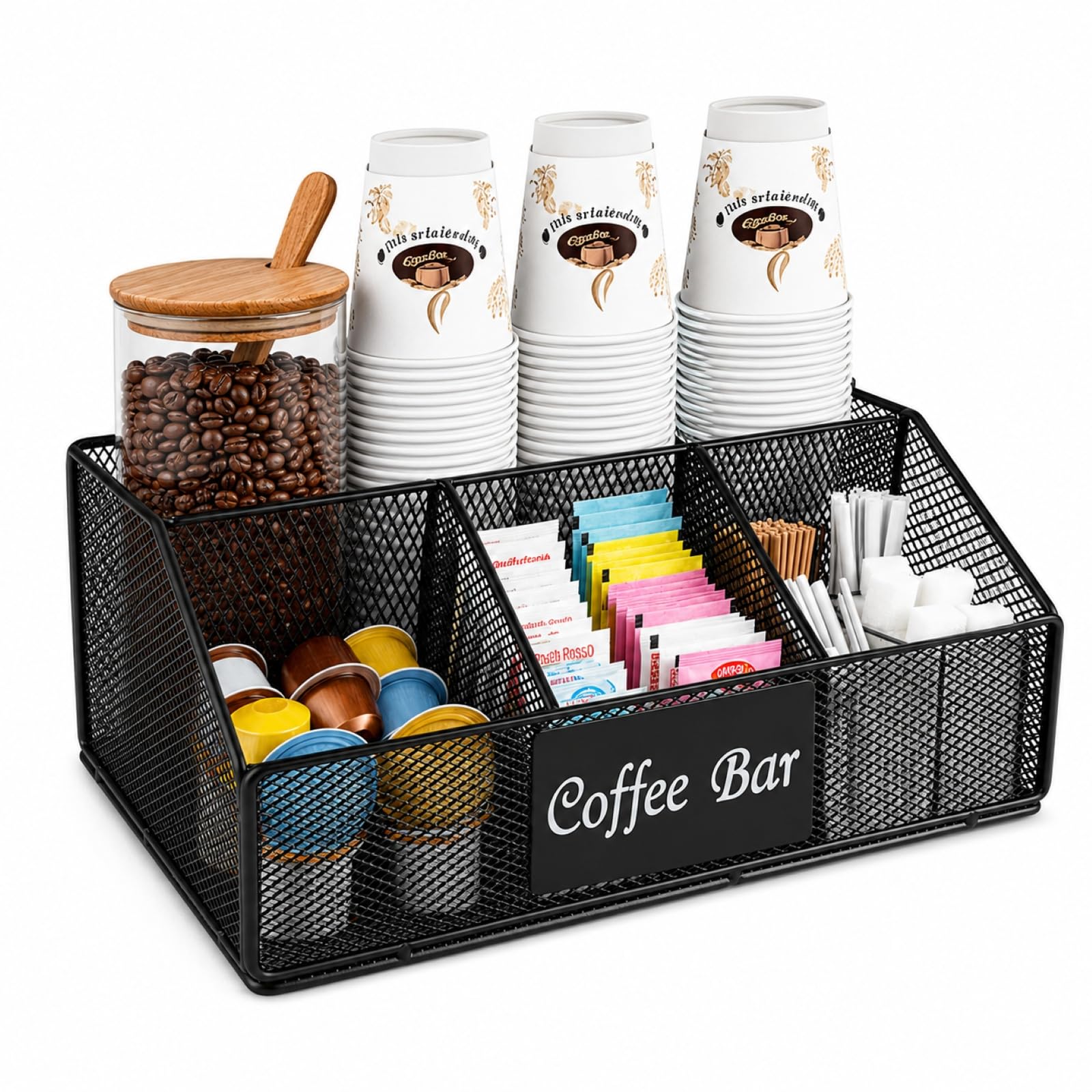 Coffee Bar Organizer for Accessories, Metal Station for Countertop, 5 Compartments Coffee Pod Holder, Black Wire Syrup Stand, Tea Condiment Organizer and Storage for Decor