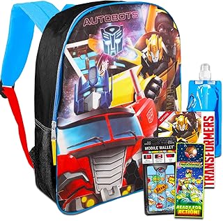 Transformers Backpack for Boys - Bundle with 15" Transformers Backpack, Water Bottle, Tattoos, Phone Wallet, More | Transformers School Bag for Kids