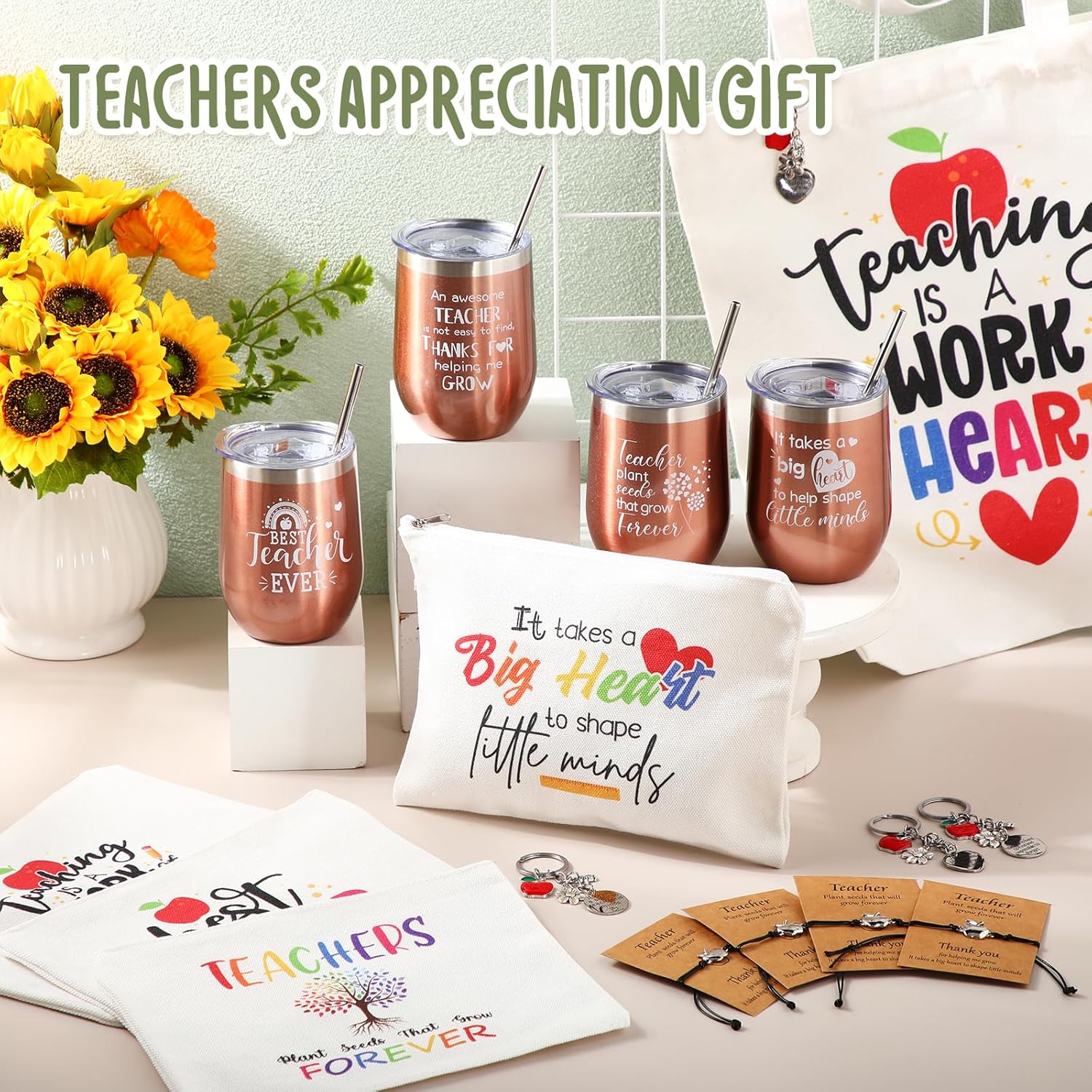 Nitial 4 Set Teacher Gifts Teacher Appreciation Gifts 12oz Stainless Steel Tumbler Makeup Bags Canvas Tote for Teachers(Rose Gold)