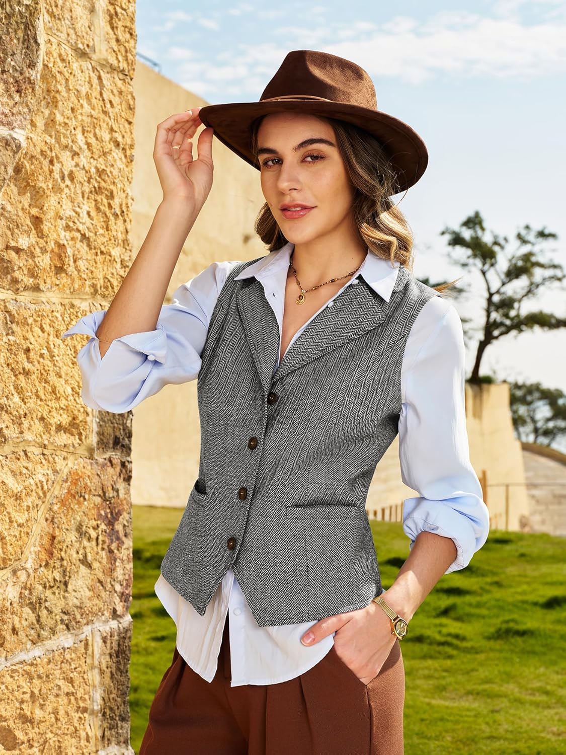 ELLEVEN Women's Herringbone Tweed Lapel Waistcoat Business Casual Sleeveless Blazers Suit Vests with Adjustable Back - Image 2