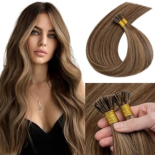 MY-LADY I Tip Hair Extensions Human Hair 100 Strands 20 Inch Medium brown mix Dark Blonde Pre Bonded ITip Human Hair Extensions Cold Fusion Stick Tip Hair Extensions 50g