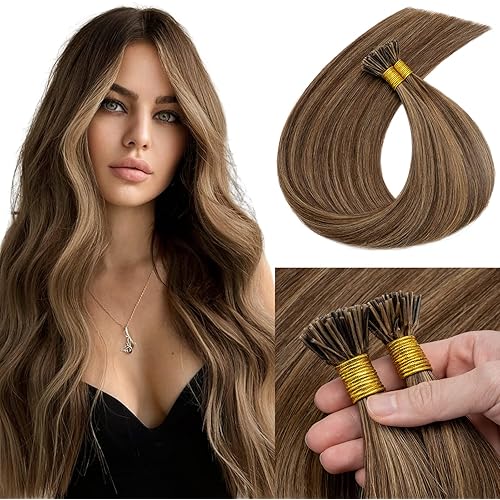 MY-LADY I Tip Hair Extensions Human Hair 100 Strands 20 Inch Medium brown mix Dark Blonde Pre Bonded ITip Human Hair Extensions Cold Fusion Stick Tip Hair Extensions 50g