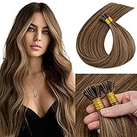 Vista 26 de MY-LADY Extensiones de cabello humano con punta I Tip, 100 hebras, 16 pulgadas, mezcla de castaño dorado, rubio decolorado, extensiones de cabello