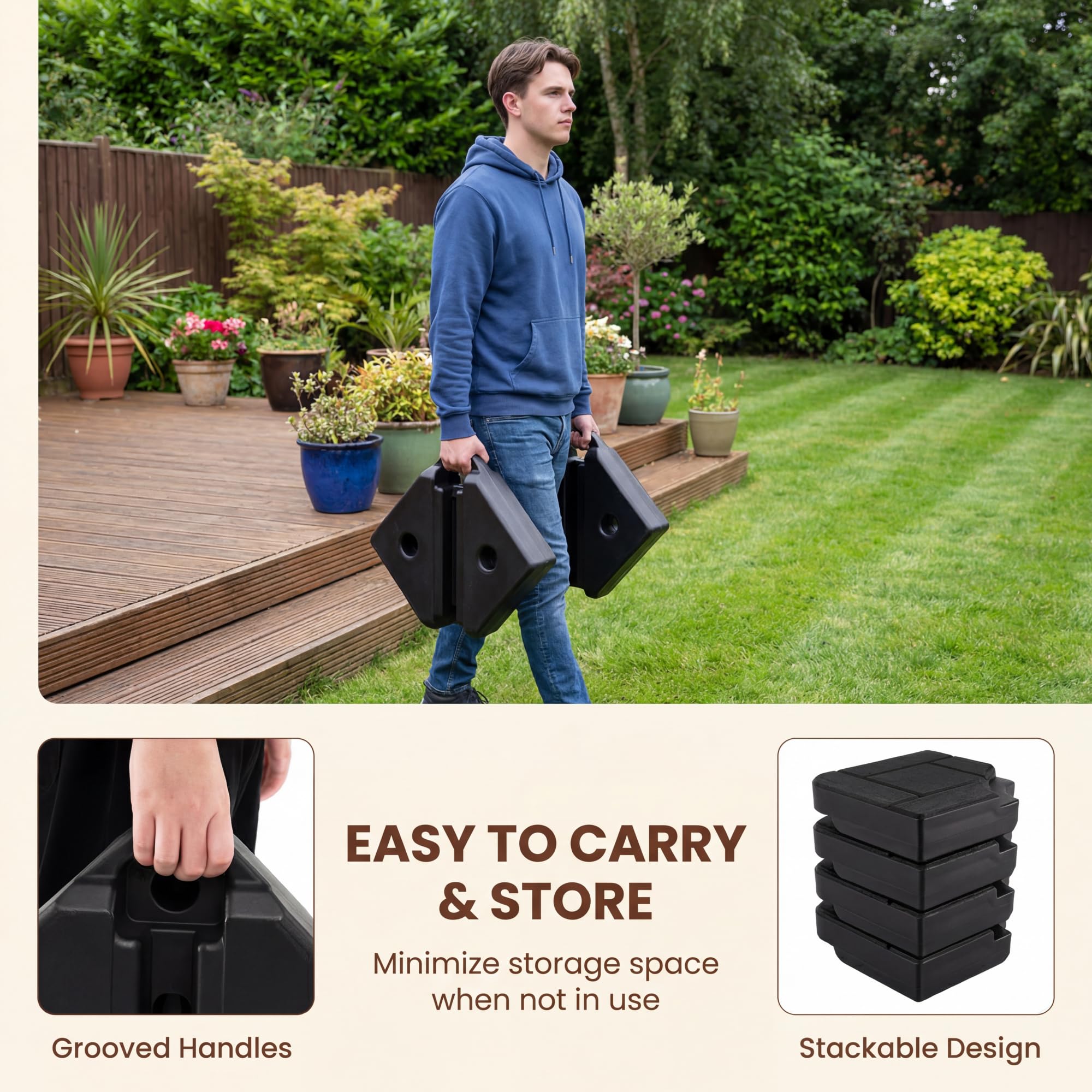 RELAX4LIFE Lot de 4 Dalle de Parasol Excentré à Remplir 84 KG en HDPE, Noir | Base Carrée Lestables pour Parasol Déporté 2-3M, Remplissage d'eau 48L/ Sable 68KG avec Poignée pour Jardin Cour
