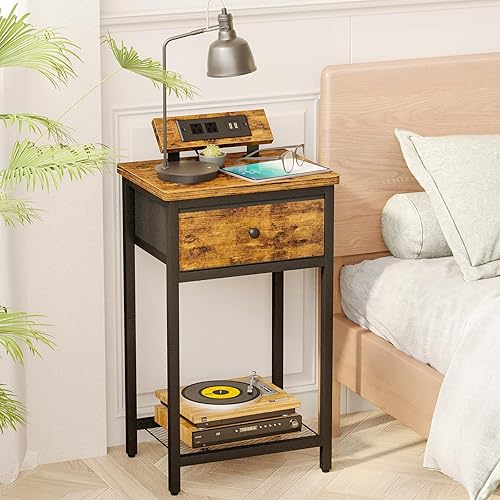 Miniatura 7 de Fixwal Juego de 2 mesitas de noche con estación de carga, mesa auxiliar de noche con puertos USB y tomas, mesita de noche con cajón de tela para