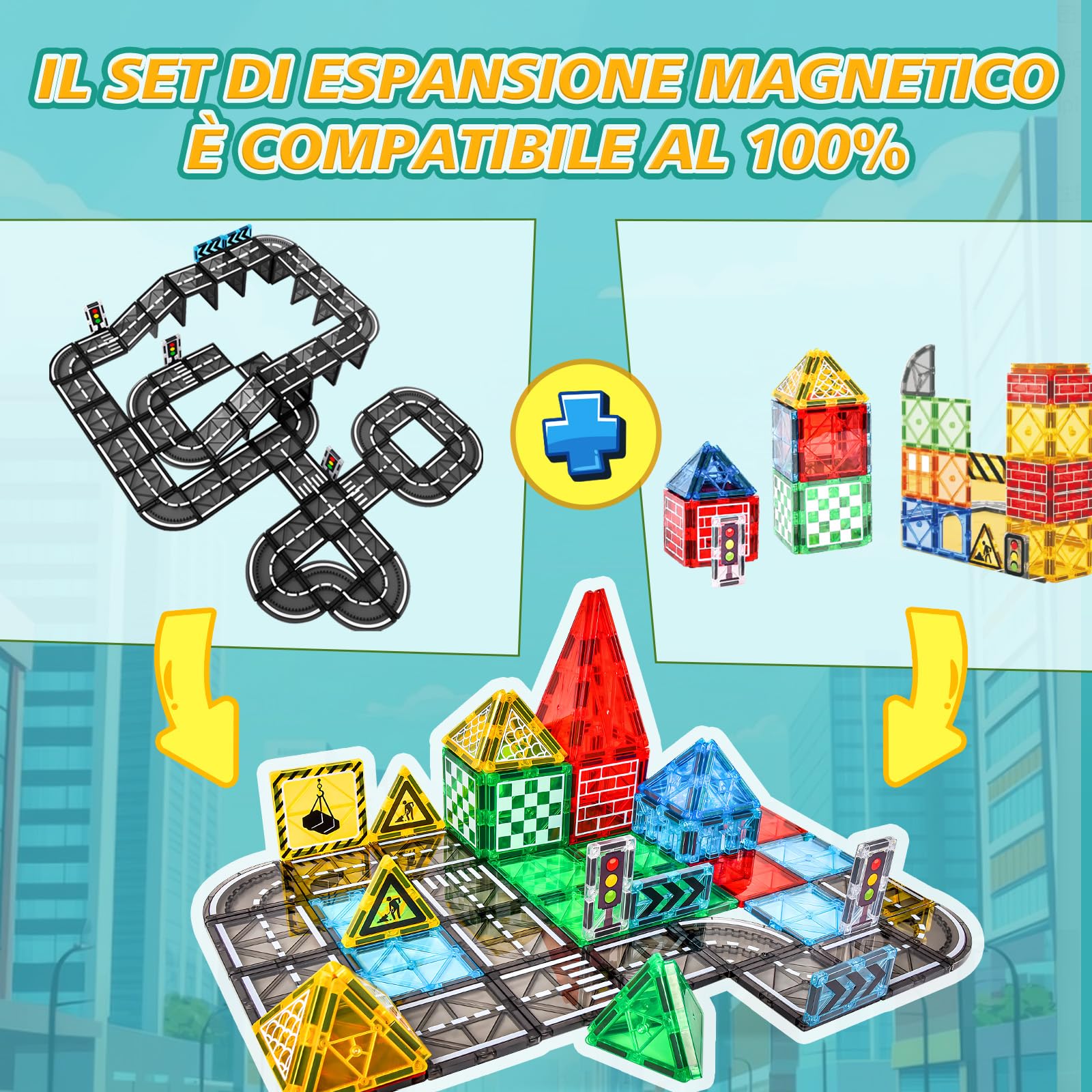 BuzzoXerex Costruzioni Magnetiche Strade, 70 Pezzi Tessere Magnetiche Strada, Piastrelle Magnetic Tiles Giocattoli Costruzioni Regalo Bambino 3 4 5 anni (70 Pezzi)
