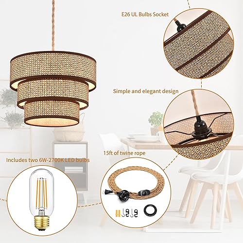 Miniatura 3 de XININSUN Lámpara colgante de 3 niveles enchufable con cable de enchufe de 15 pies, lámpara colgante regulable de mimbre de ratán, pantalla de tambor