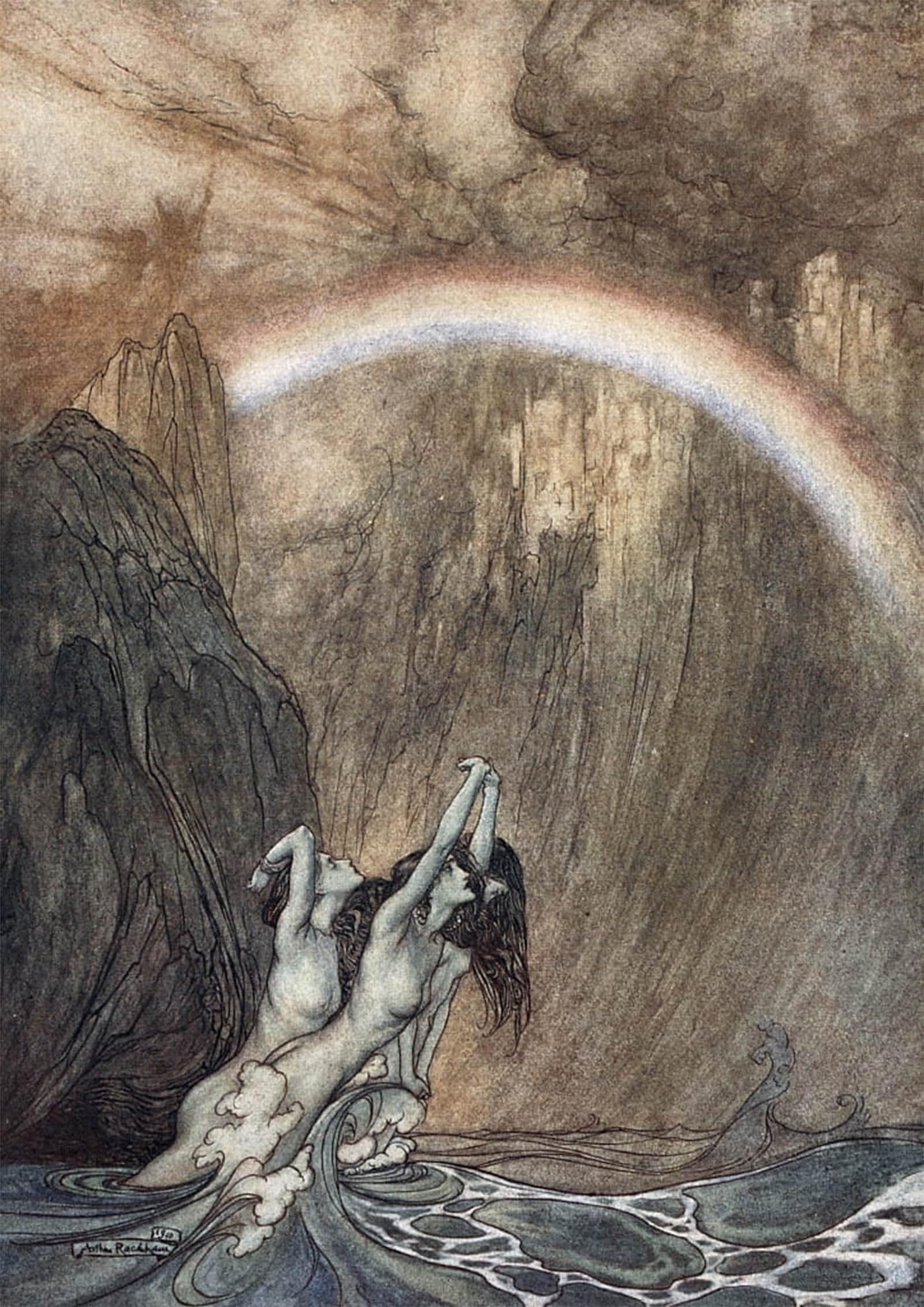 ARTXLXXBN Famous Prints Artwork Pictures Poster Painting Art the Rhine Fair Children Bewailing Their Lost Gold Weep by Arthur Rackham Artwork Landscape Pictures for Home Decor 60x90cm