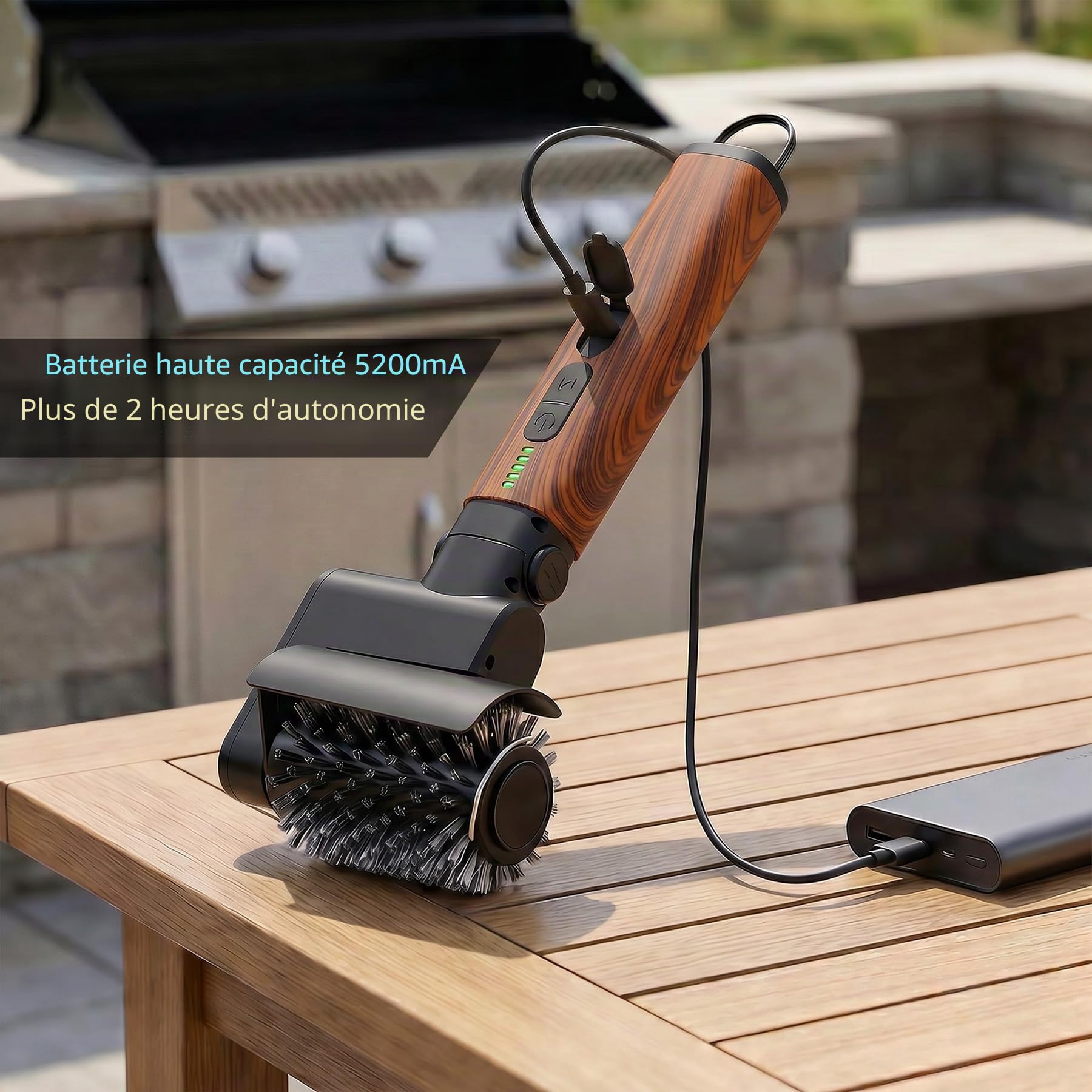 Set de brosse de barbecue électrique 3 en 1 (Revêtement en bois rouge) | Sans fil, rechargeable, imperméable, nettoyant pour barbecue, accessoire de barbecue professionnel