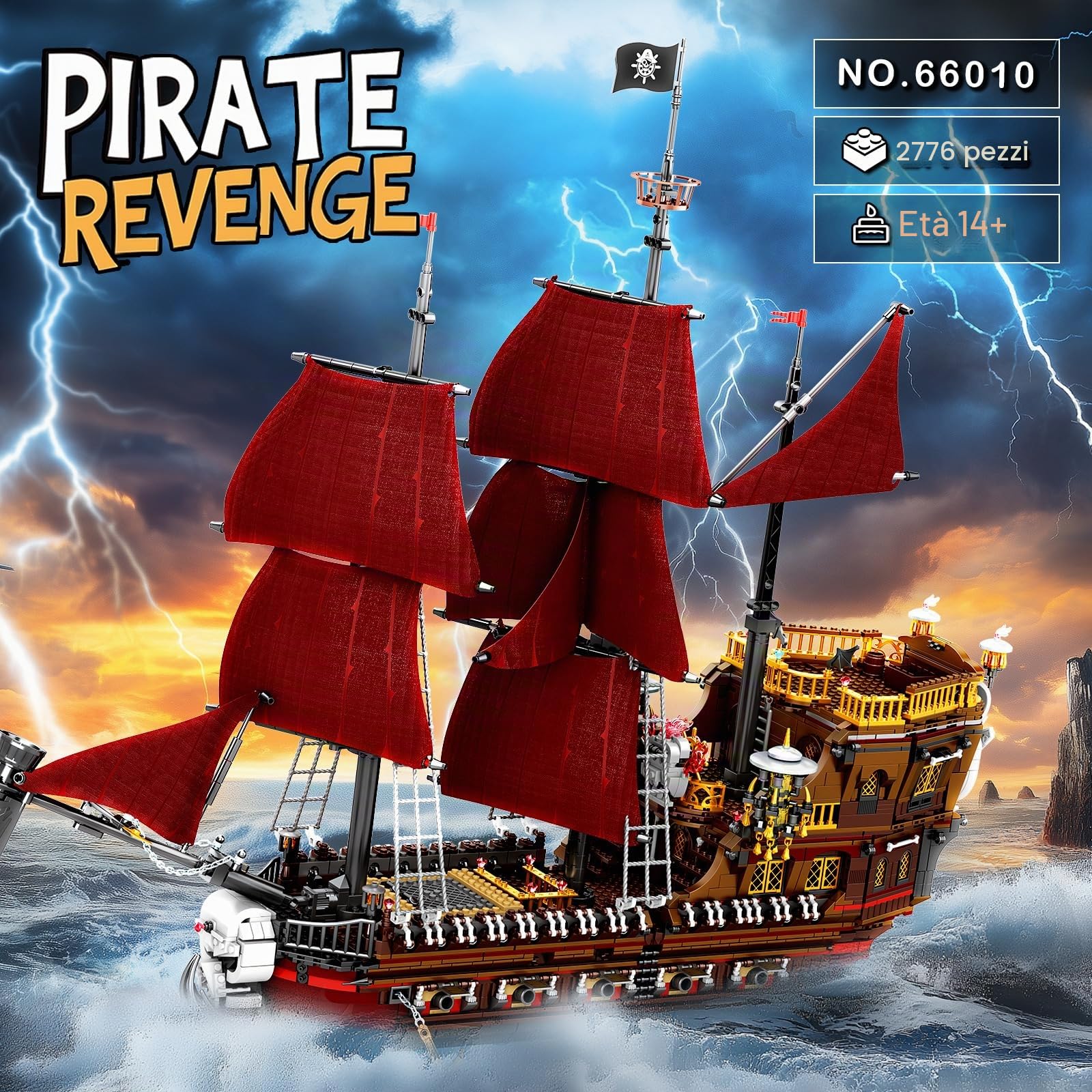 Reobrix Kit di mattoncini per costruire una nave pirata, Kit di mattoncini per costruire il modello della nave Queen Anna's Revenge 66010, Giocattoli da costruzione Regalo per adulti 2776 pezzi