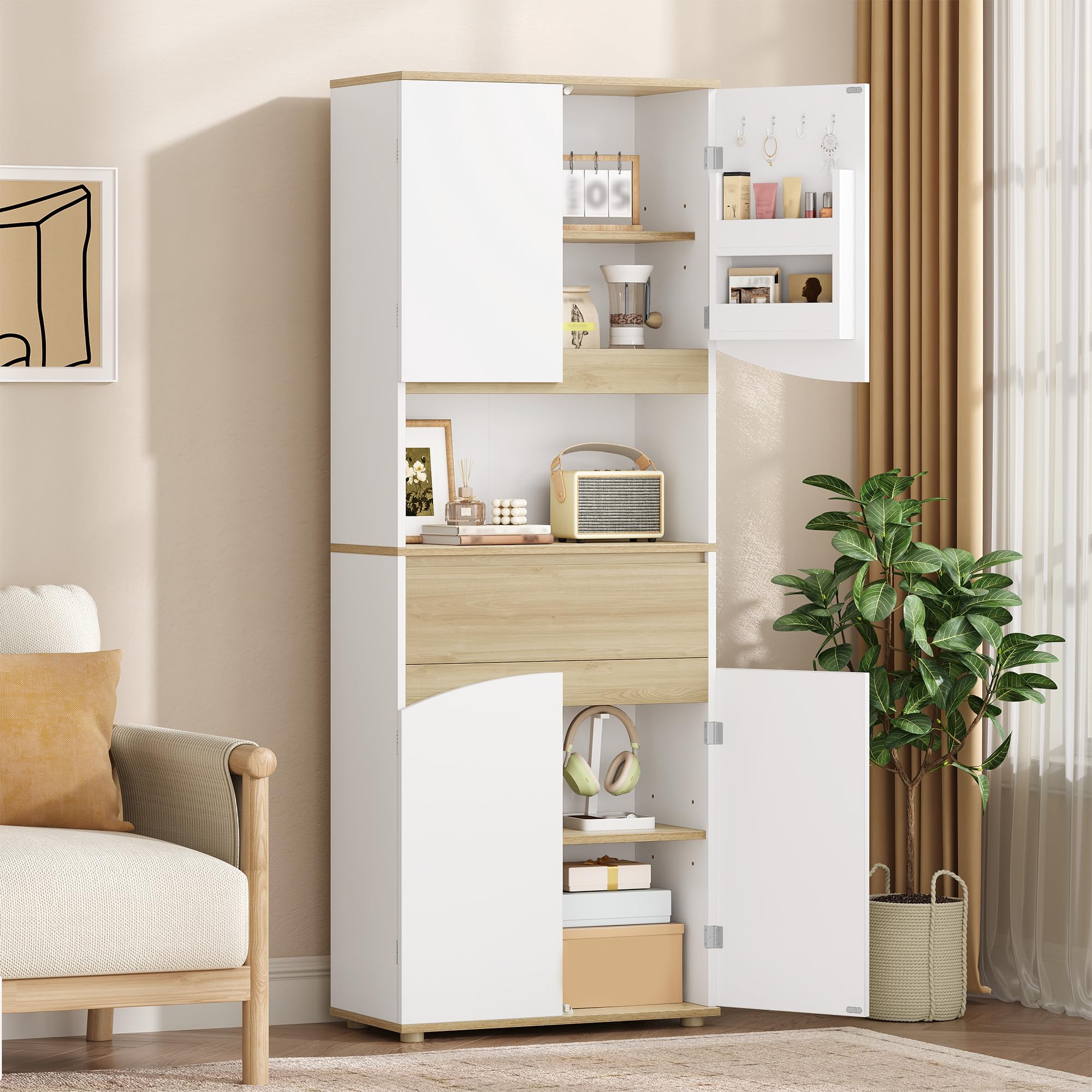 Armario de Baño, Columna Alto, 60 x 30 x 170 cm, Blanco y Roble | Mueble Baño, Armario de Almacenamiento, Estantes Ajustables, para Baño, Cocina, Salón, FFBC031PWN1