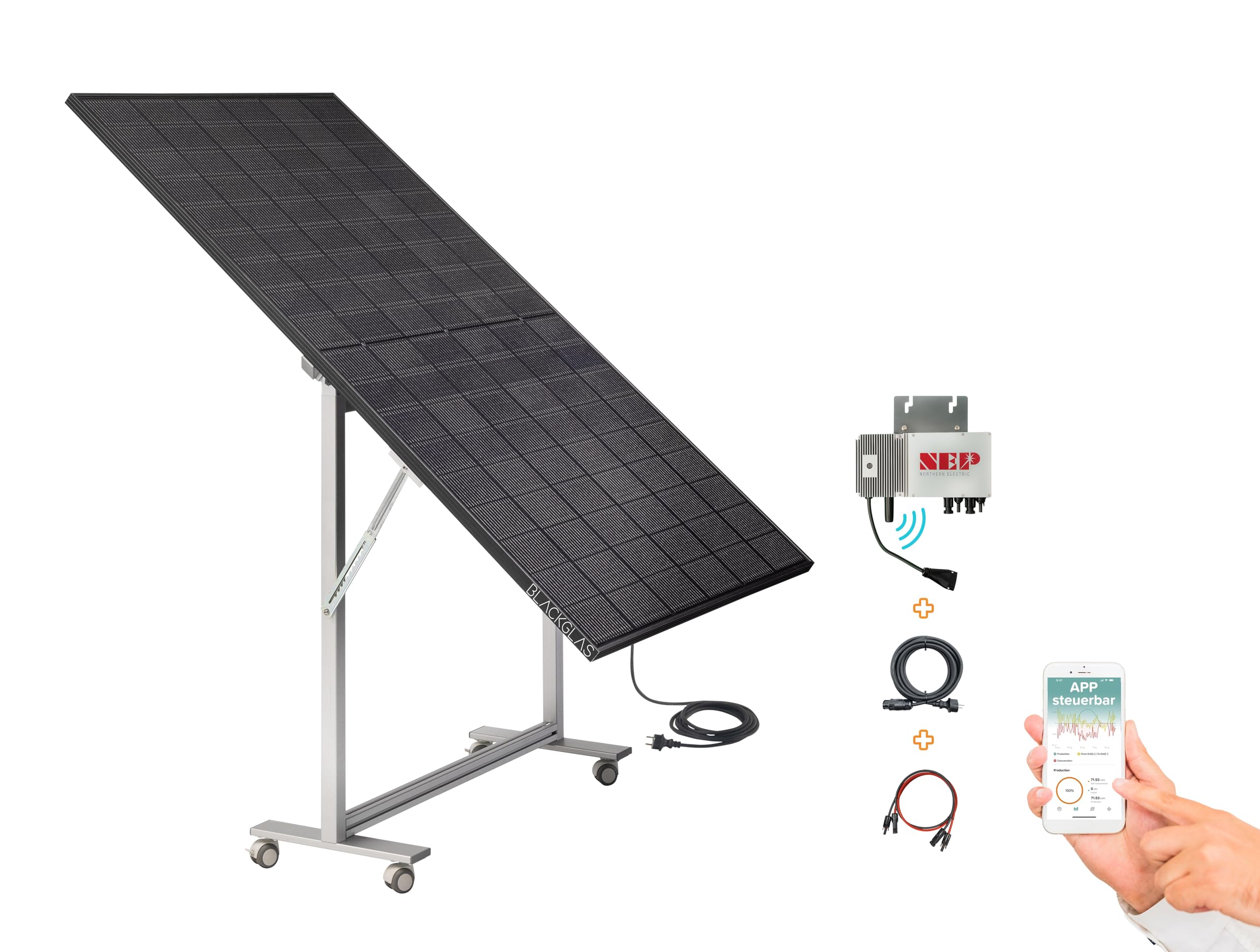 SolarScreen Sichtschutz VEOelegancePRO-H Modul 445Wp Full Black Solarmodul, Wechselrichter mit App, 5m Kabel, Verstellbarer Winkel, Plug & Play, Vormontiert, Made-in-Germany